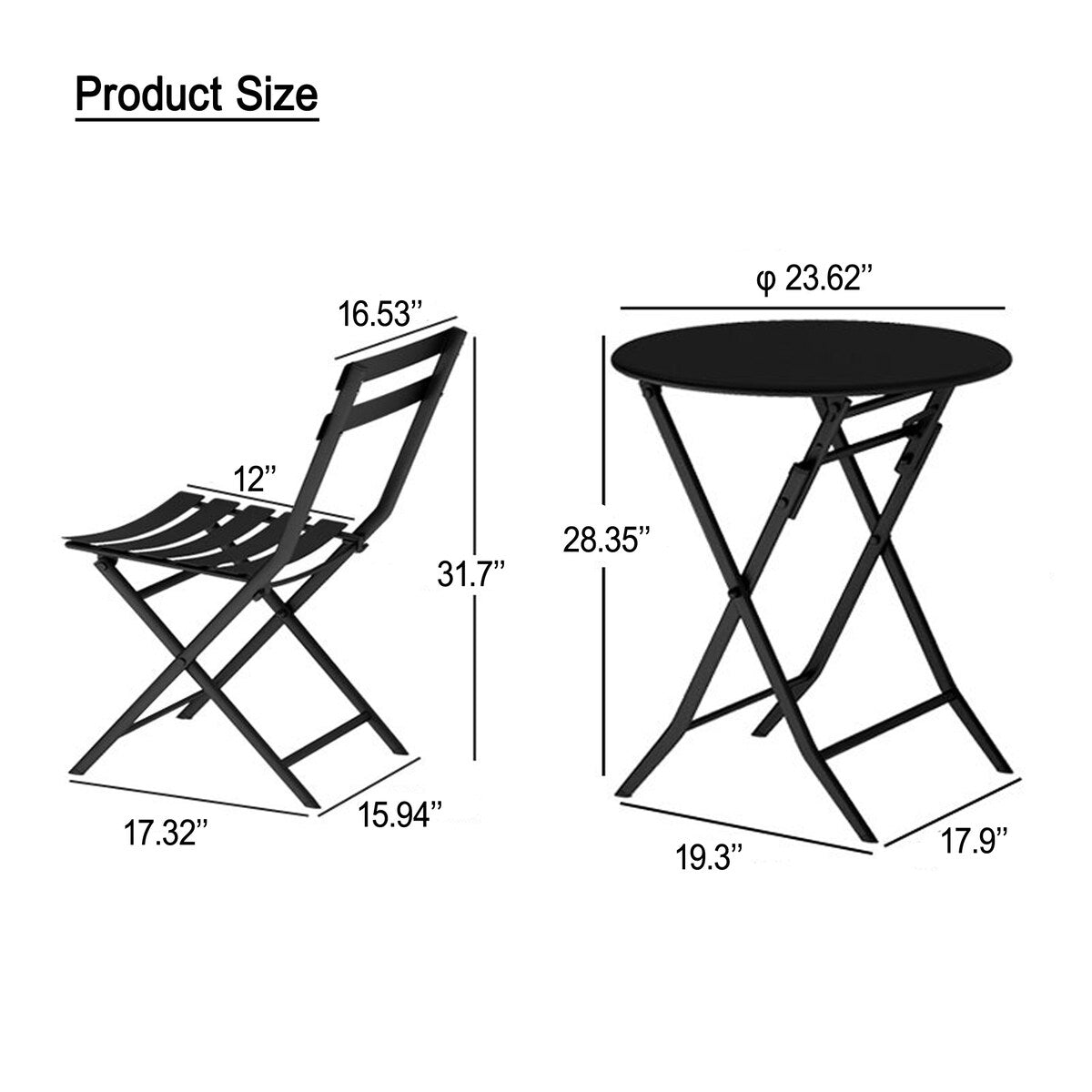 3-Piece Minimalist Patio Bistro Set of Foldable Round Table & Chairs - 3-Piece-Patio-Bistro-Set