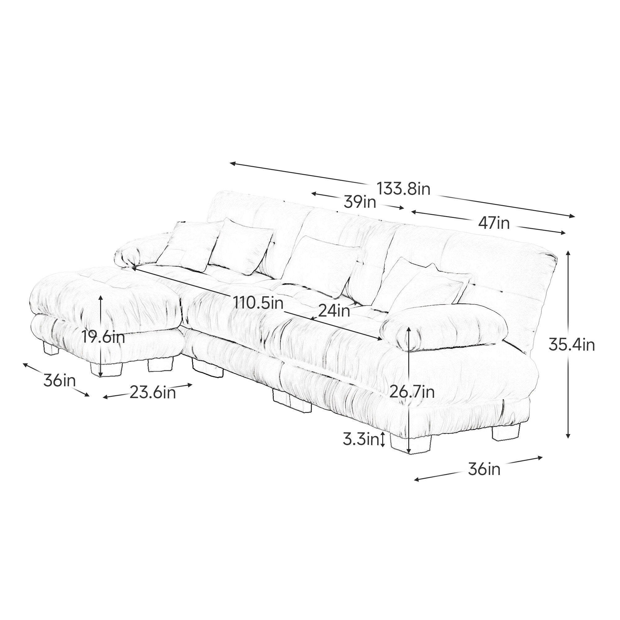 3-Seat Modular Sectional Sofa Deep Seat Couch L Shaped Cloud Couch with Convertible Ottoman for Living Room