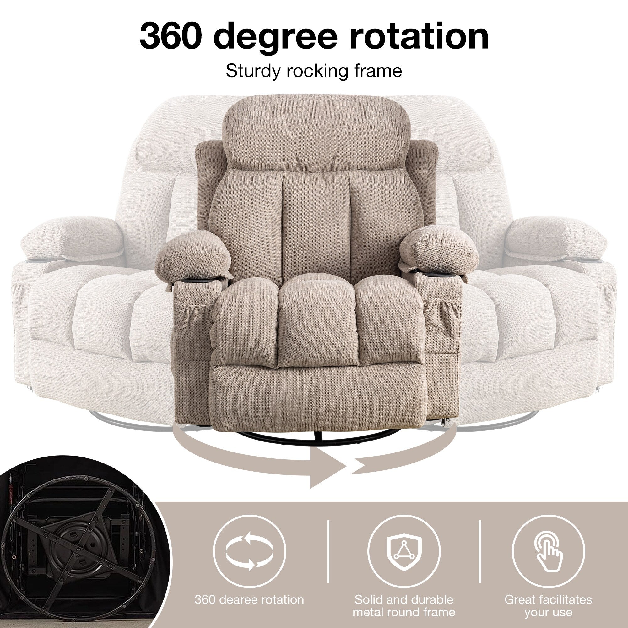 360° Swivel Recliner Chair with Massage, Heat, USB, and Cup Holders