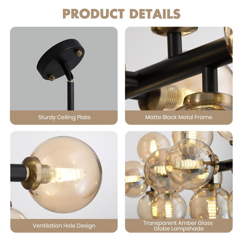 40 in. Linear Mid Century Modern Chandelier 16-Light Gold Brass Sputnik Pendant Light with Frosted Glass Globe for Dining Room