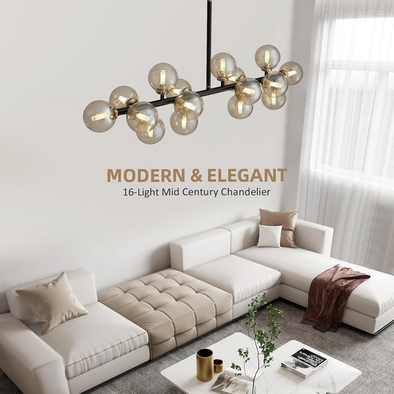 40 in. Linear Mid Century Modern Chandelier 16-Light Gold Brass Sputnik Pendant Light with Frosted Glass Globe for Dining Room