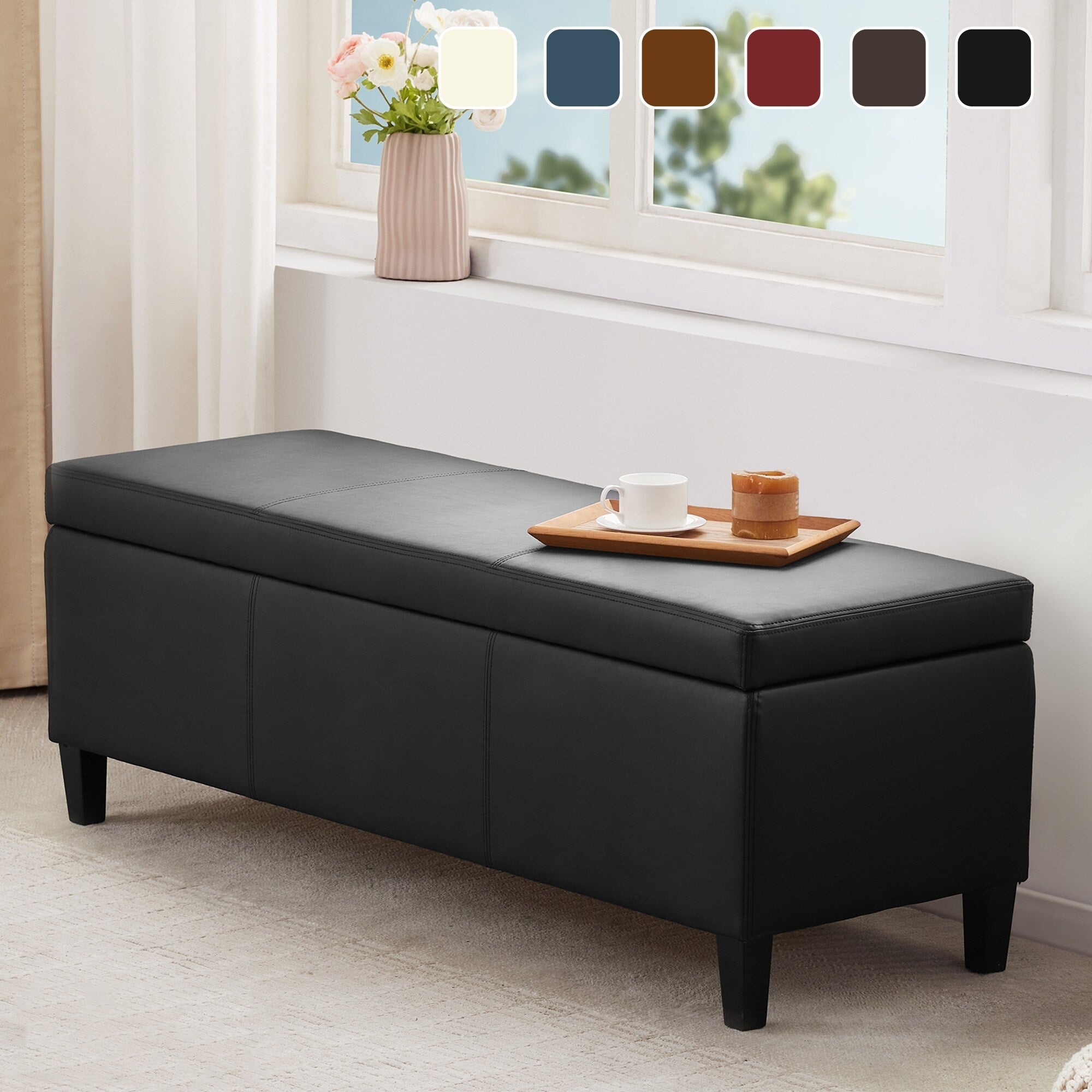 50.3 x 17.50 x 18 Upholstered Rectangular Storage Ottoman-Faux Leather