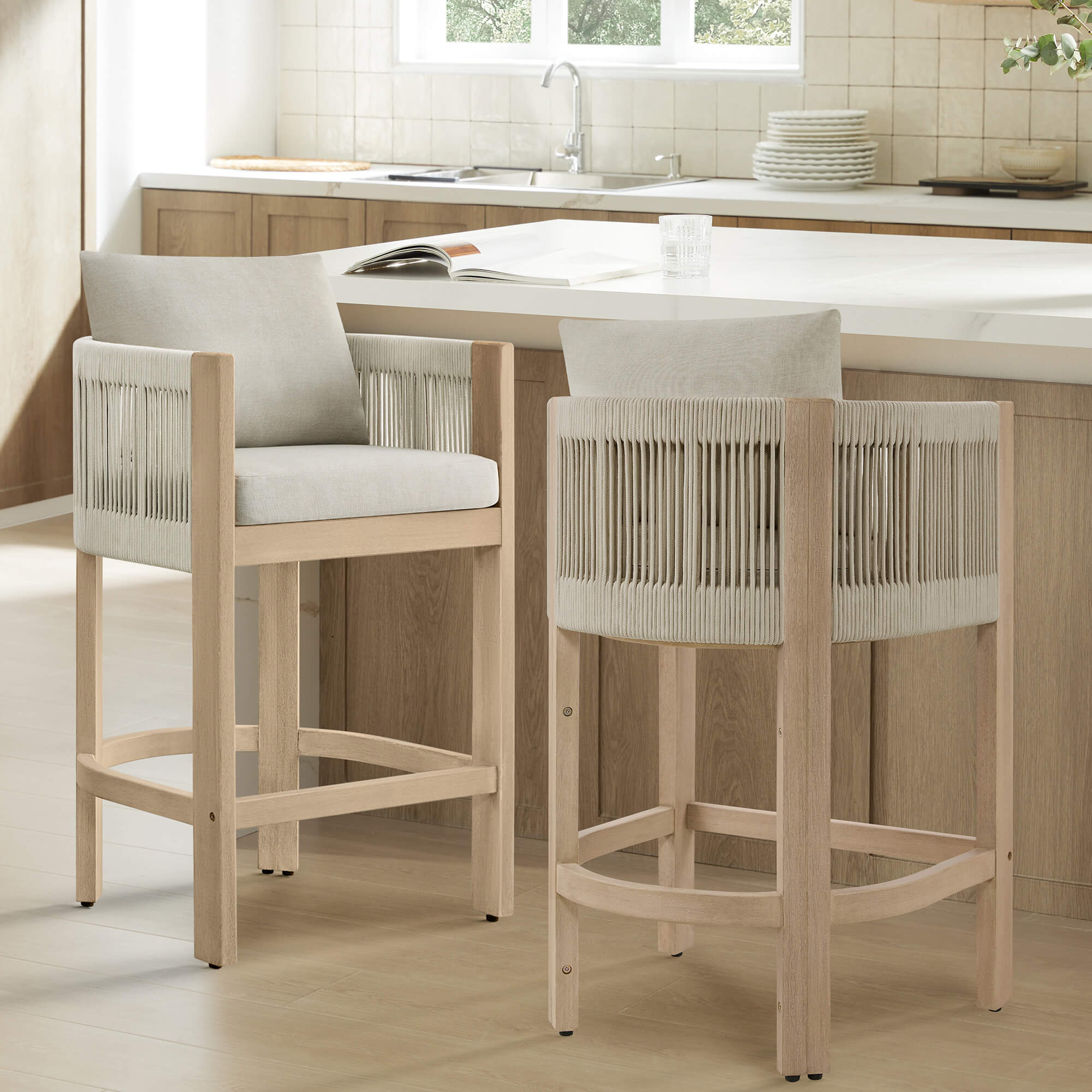 Clover Boho Acacia Wood Rope Indoor & Outdoor Counter Stool