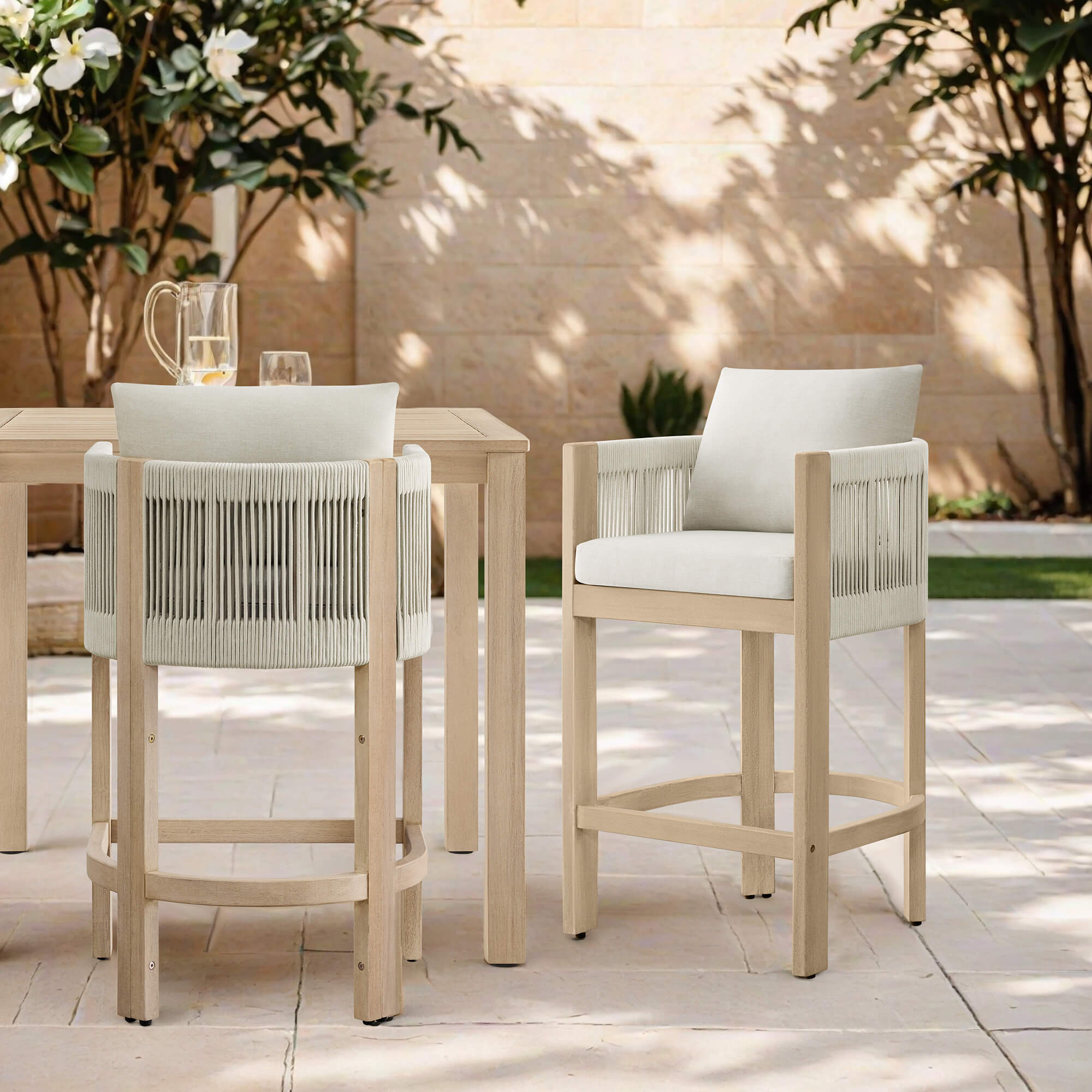 Clover Boho Acacia Wood Rope Indoor & Outdoor Counter Stool