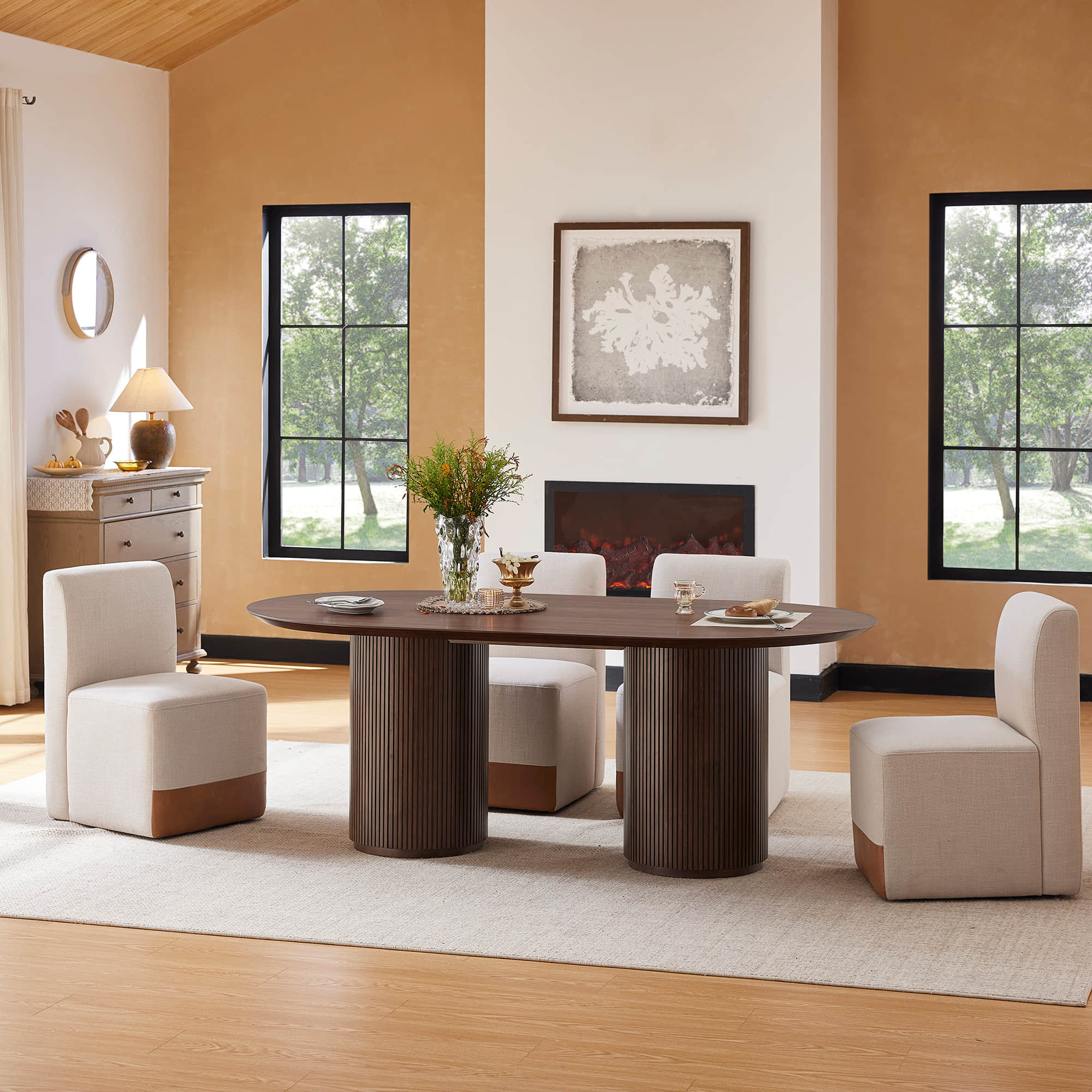 Coral Fluted Oval Wood Dining Table for 4