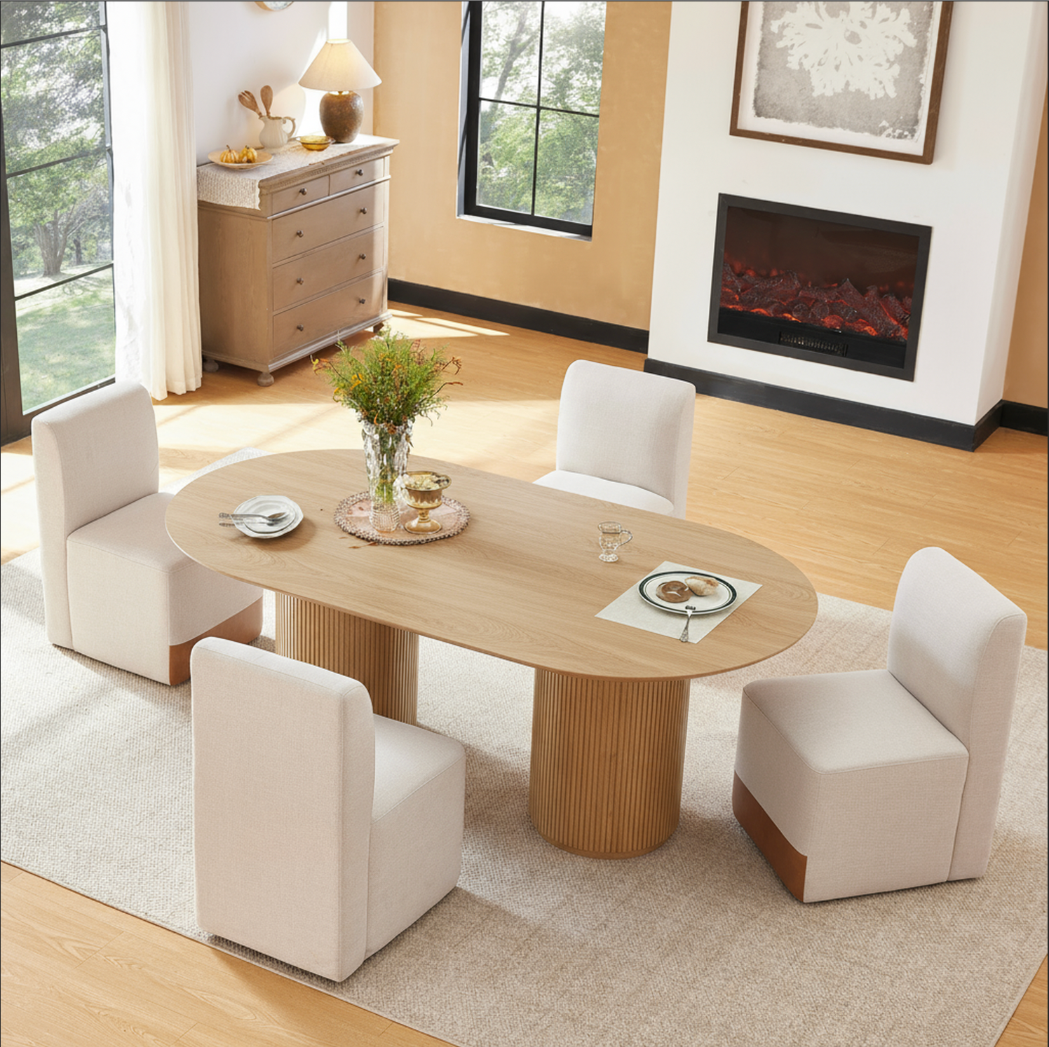 Coral Fluted Oval Wood Dining Table for 4