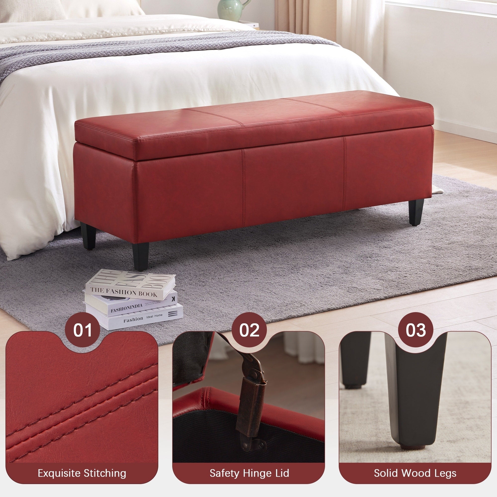 50.3 x 17.50 x 18 Upholstered Rectangular Storage Ottoman-Faux Leather