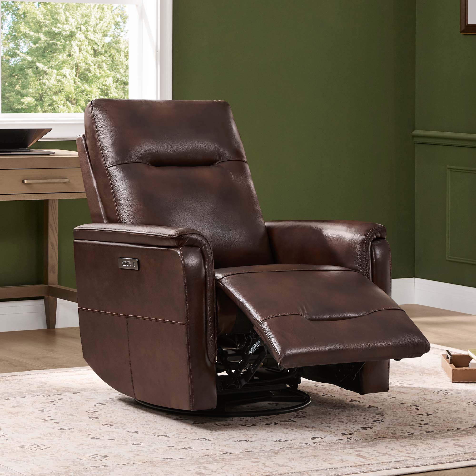 Jaxon Genuine Leather Swivel Glider Power Recliner with Power Headrest