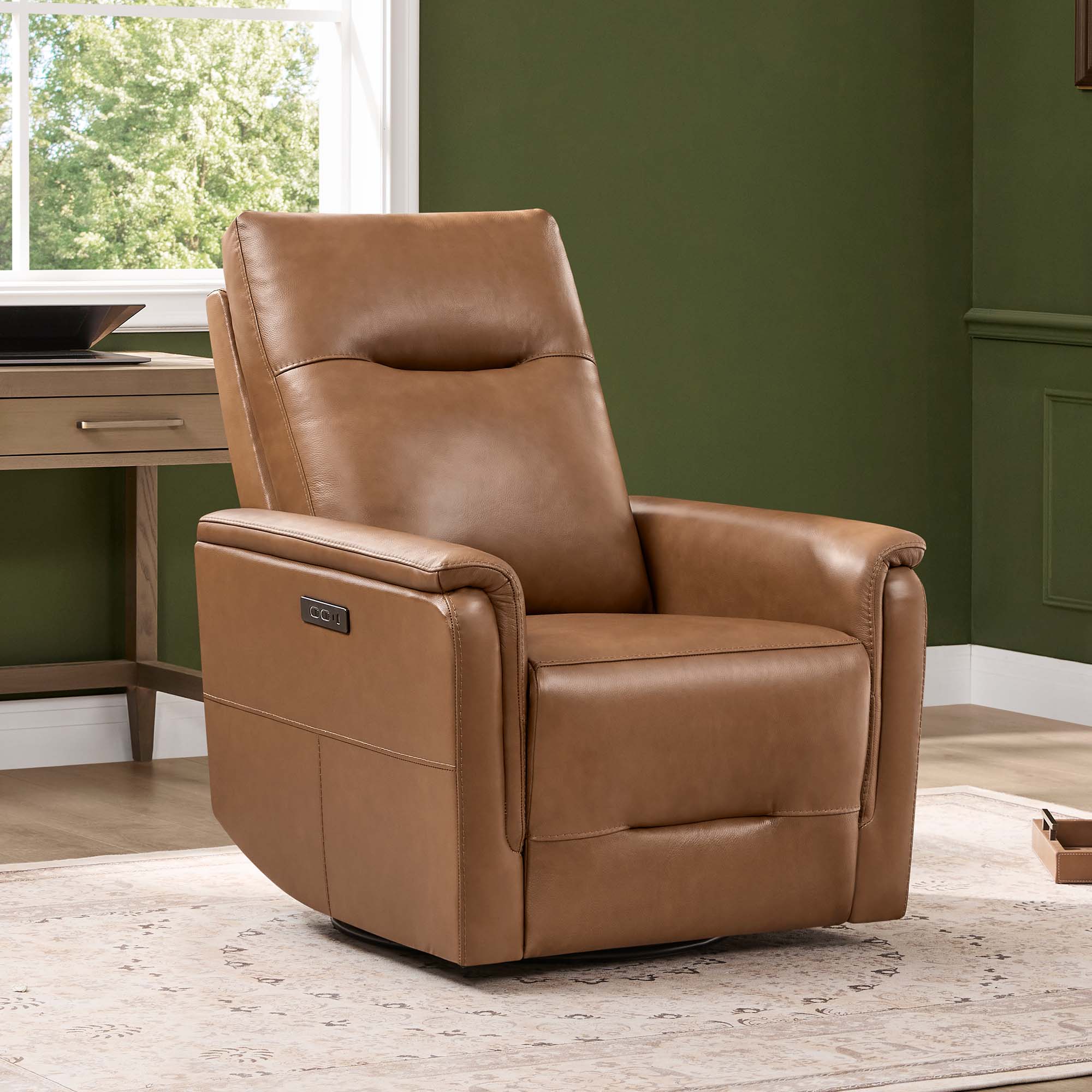Jaxon Genuine Leather Swivel Glider Power Recliner with Power Headrest