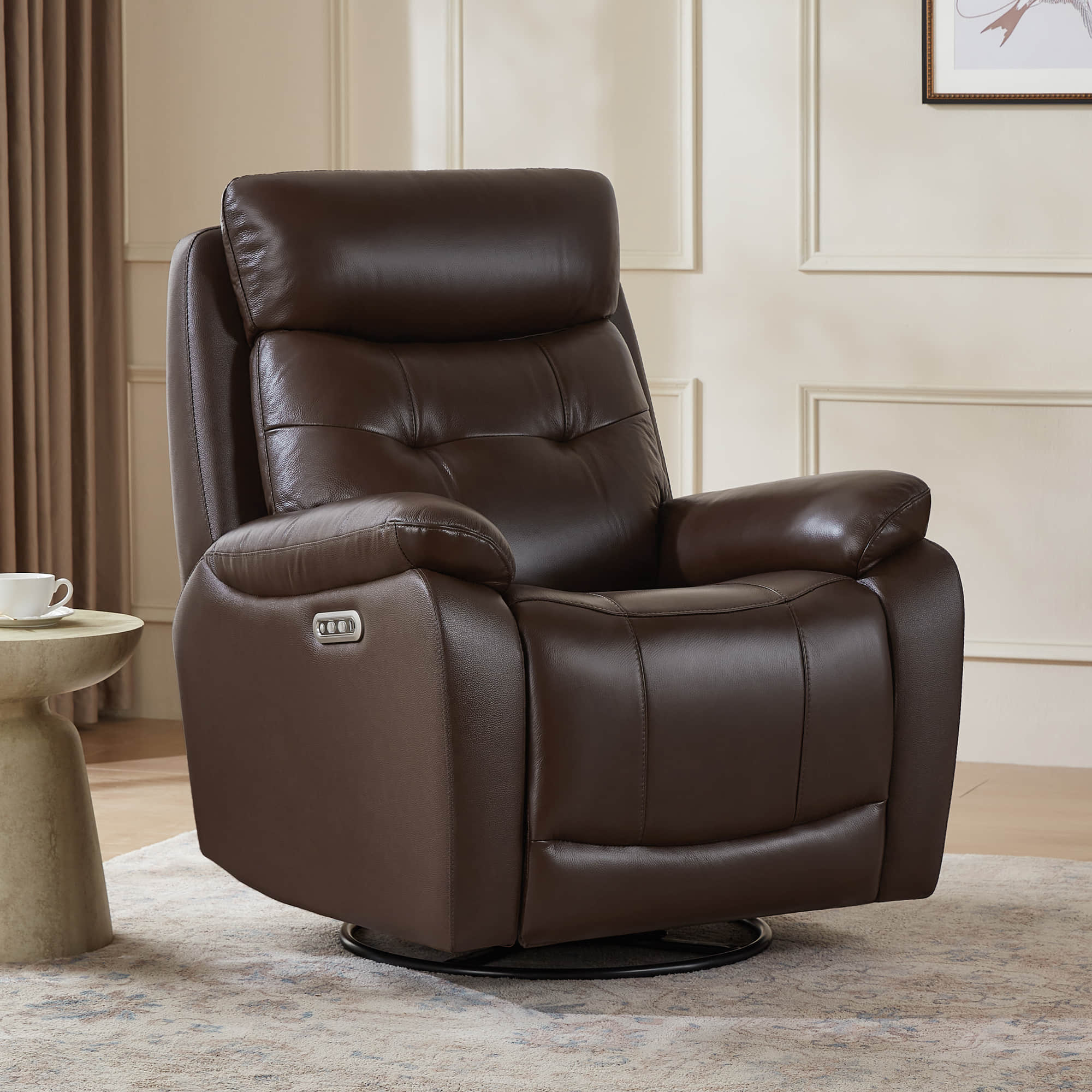Keith Leather Swivel Glider Recliner with Power Headrest