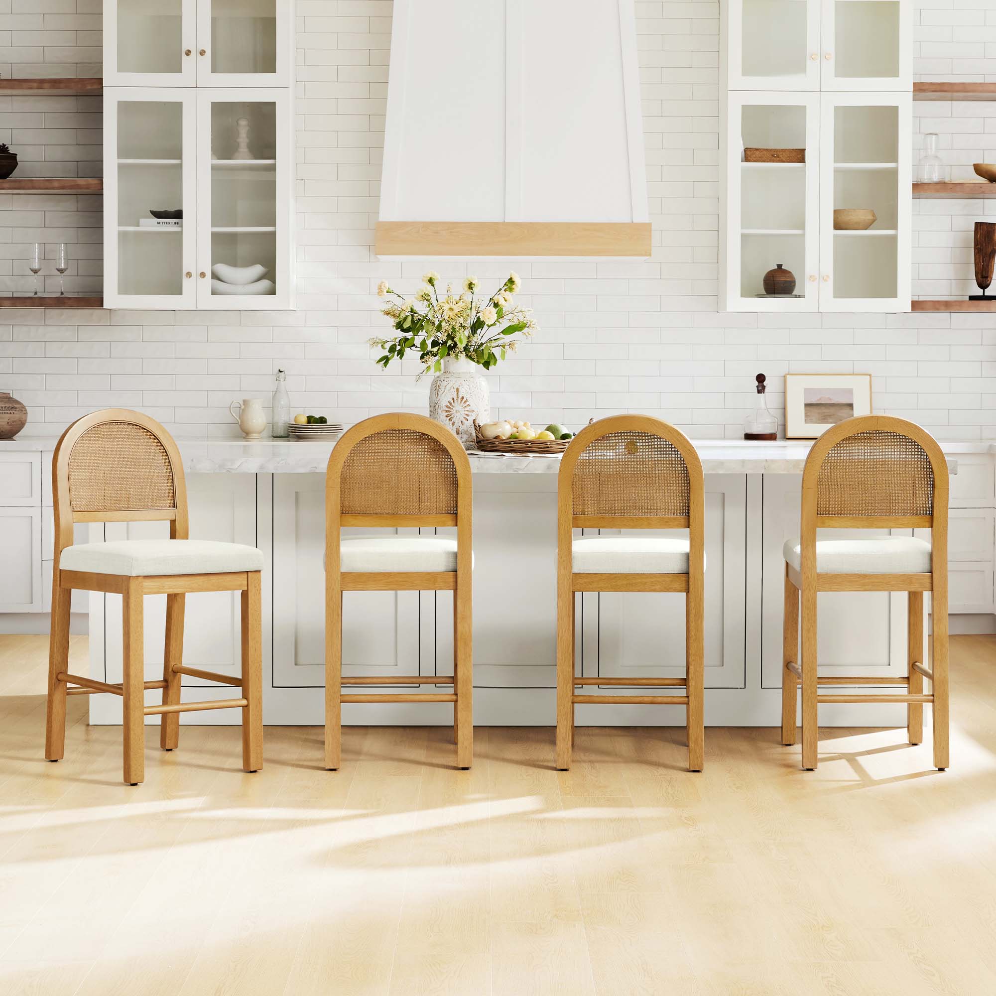 Abigail Rattan Curved Counter Stool with Performance Fabric