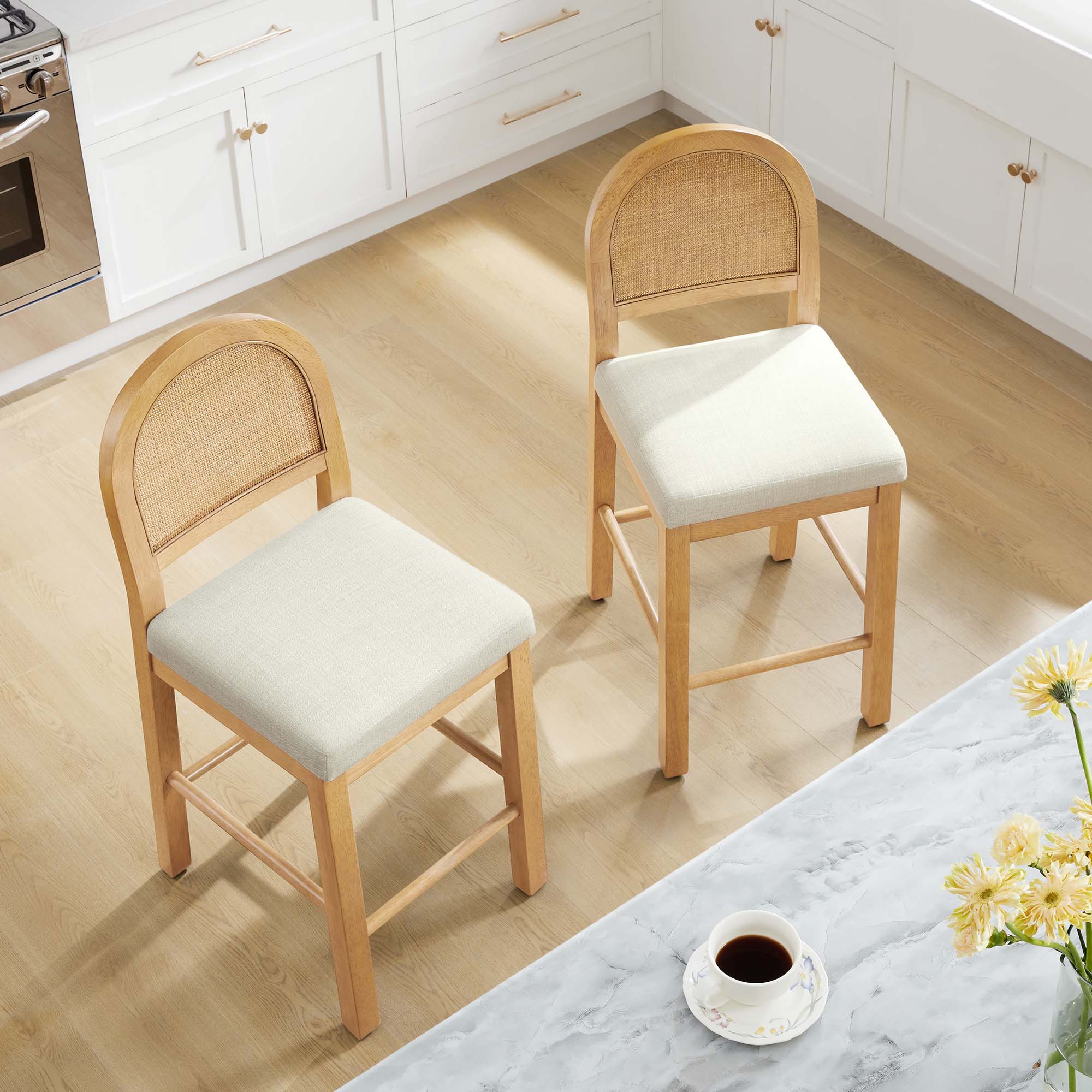 Abigail Rattan Curved Counter Stool with Performance Fabric