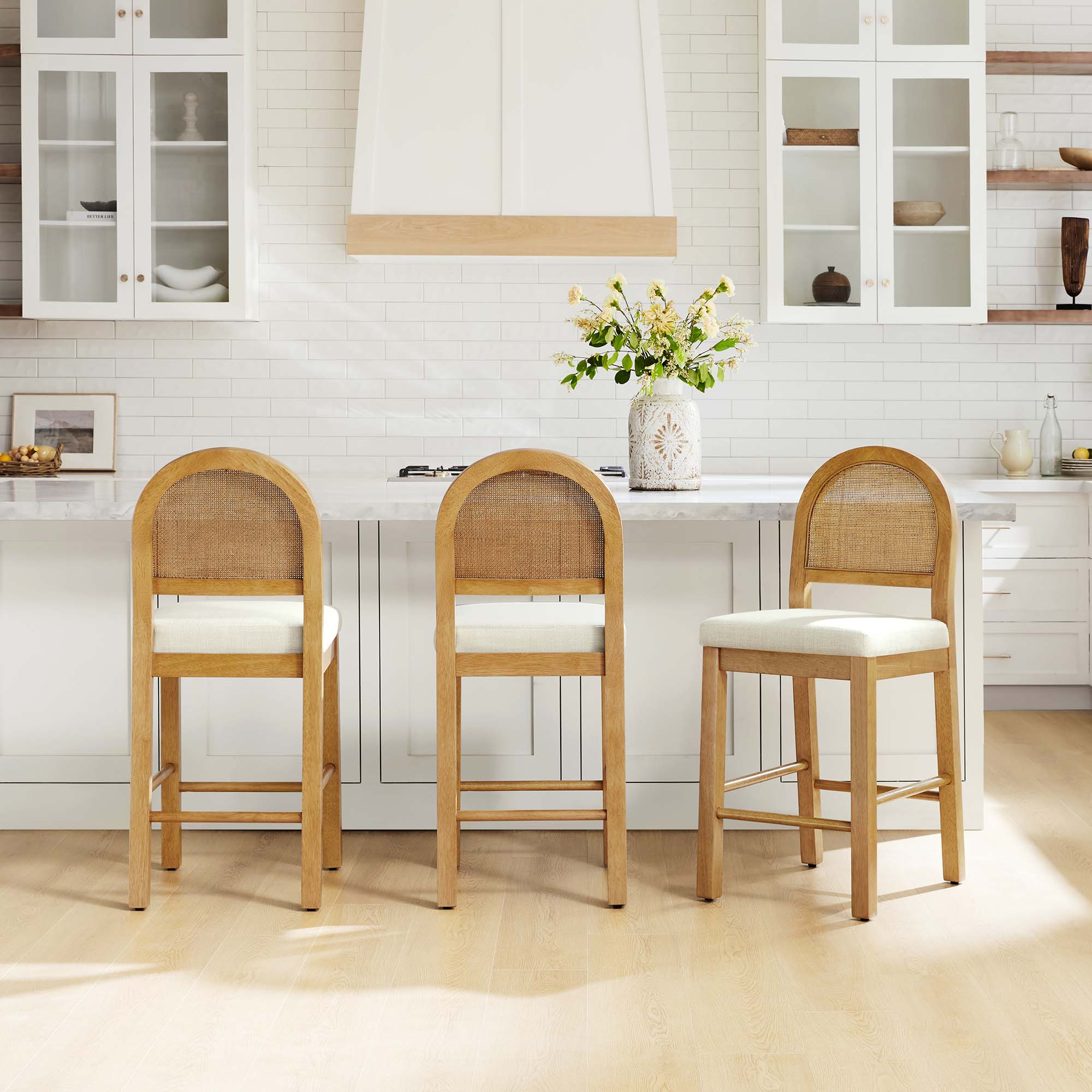 Abigail Rattan Curved Counter Stool with Performance Fabric