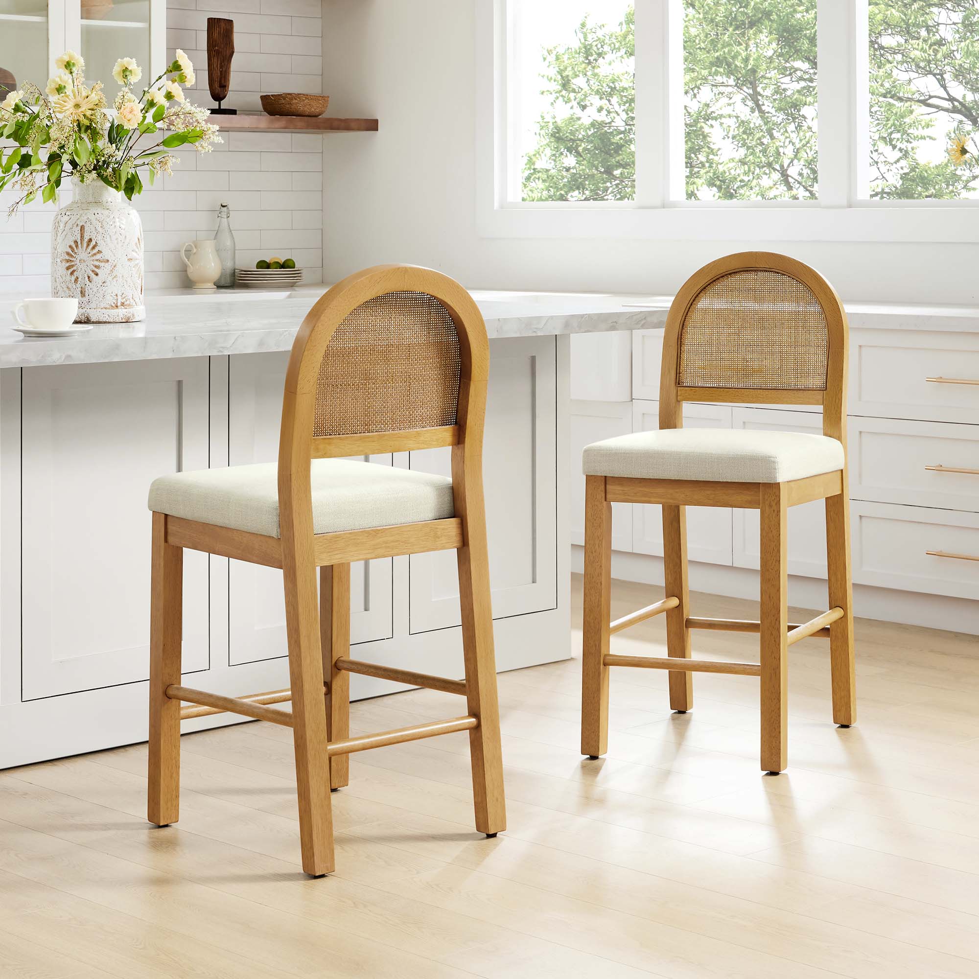 Abigail Rattan Curved Counter Stool with Performance Fabric