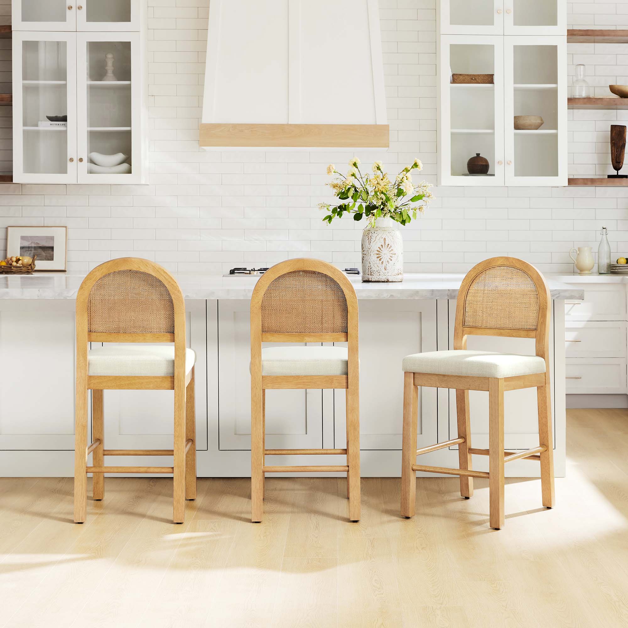 Abigail Rattan Curved Counter Stool with Performance Fabric