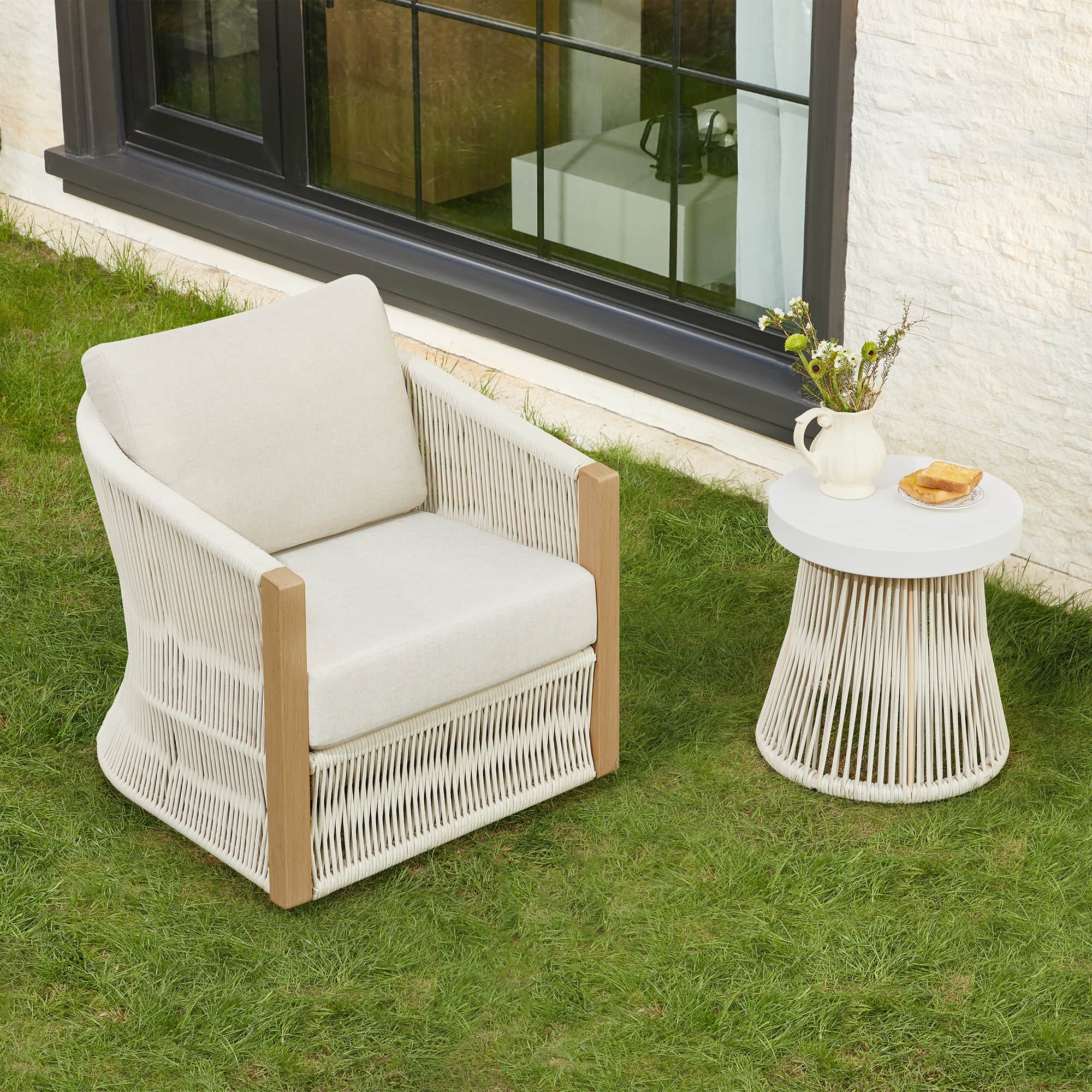 Acker Rope Outdoor Bistro Set with Swivel Chair