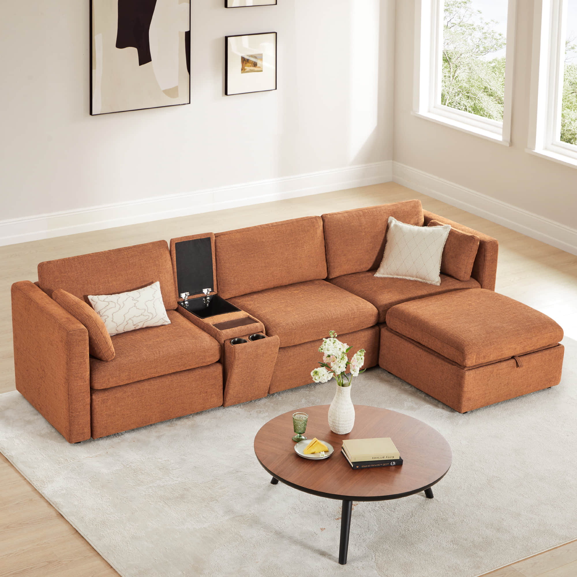 Delaney 4-Seat Modular Sofa Chaise with Storage Ottoman