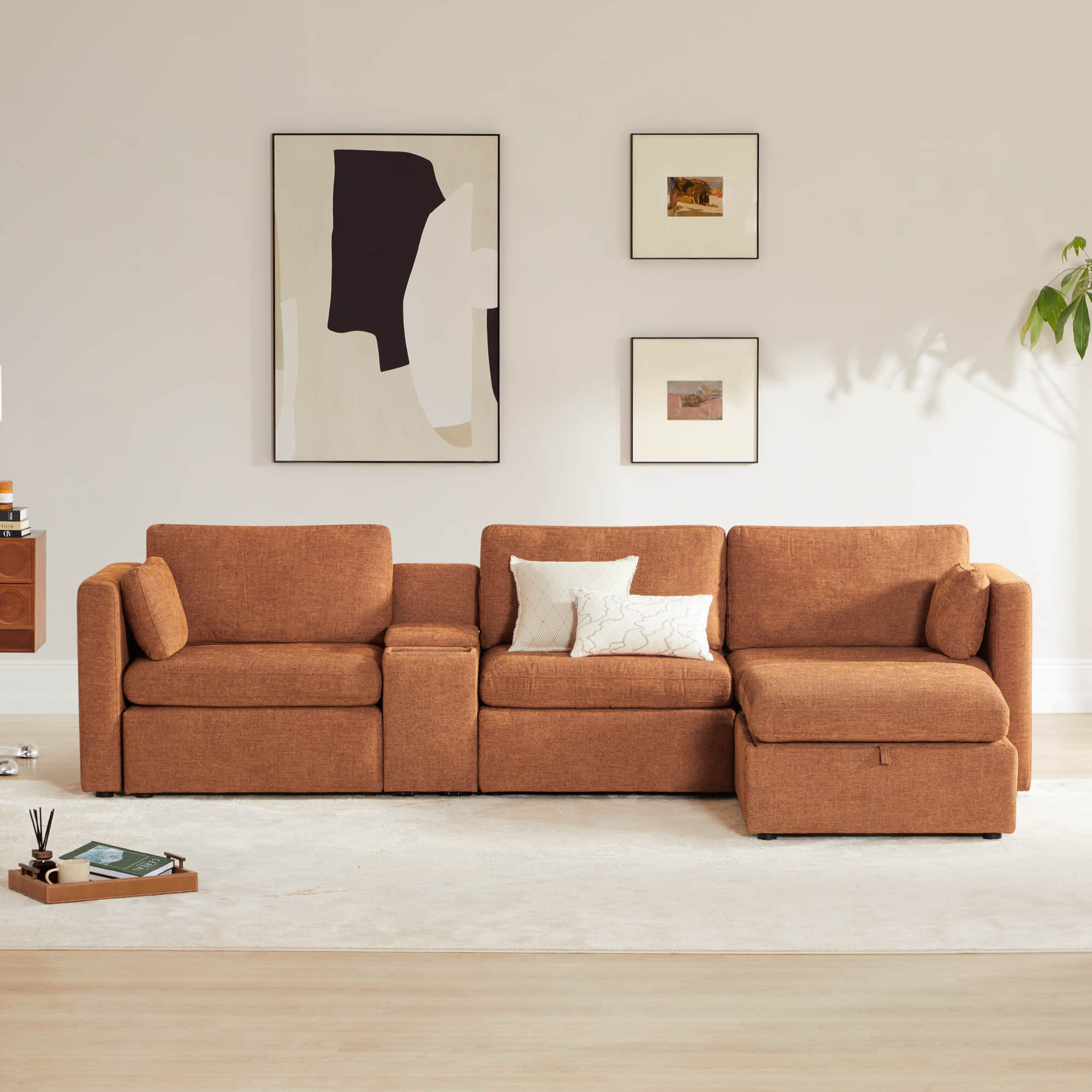 Delaney 4-Seat Modular Sofa Chaise with Storage Ottoman