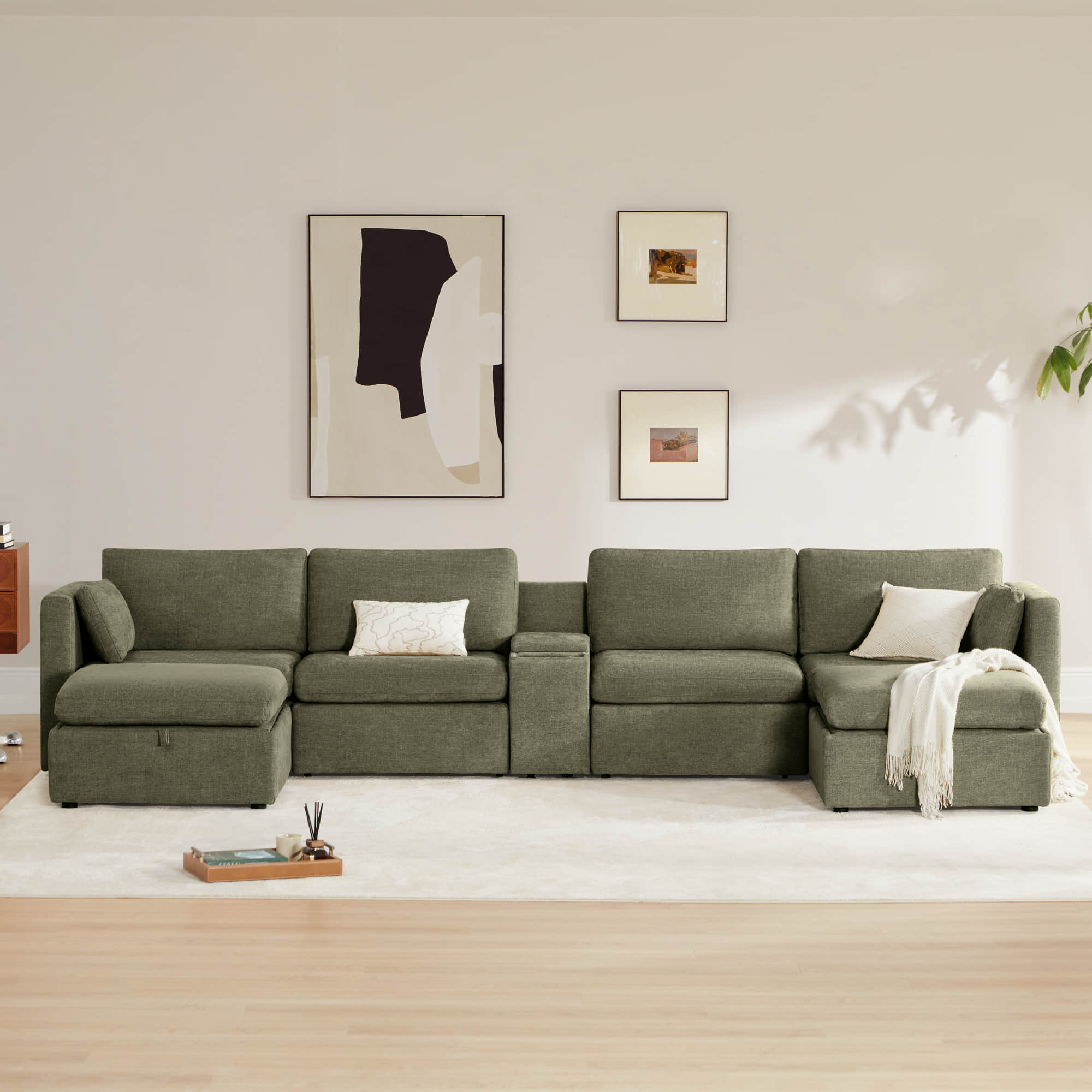 Delaney 6-Seat Modular Sofa Chaise with Storage Ottomans