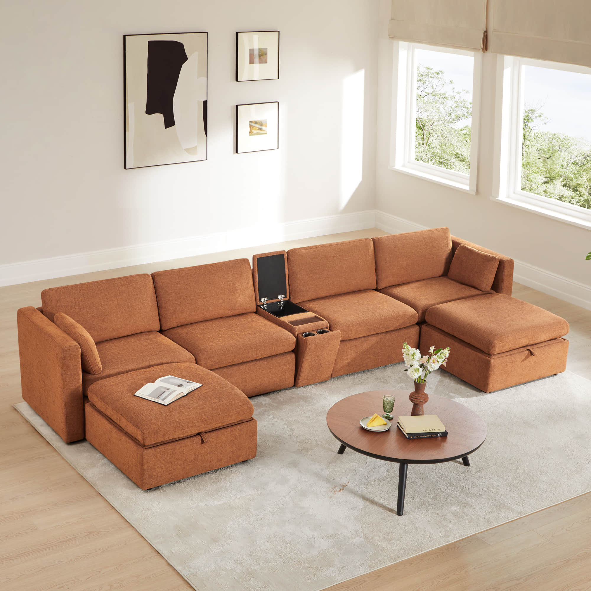 Delaney 6-Seat Modular Sofa Chaise with Storage Ottomans