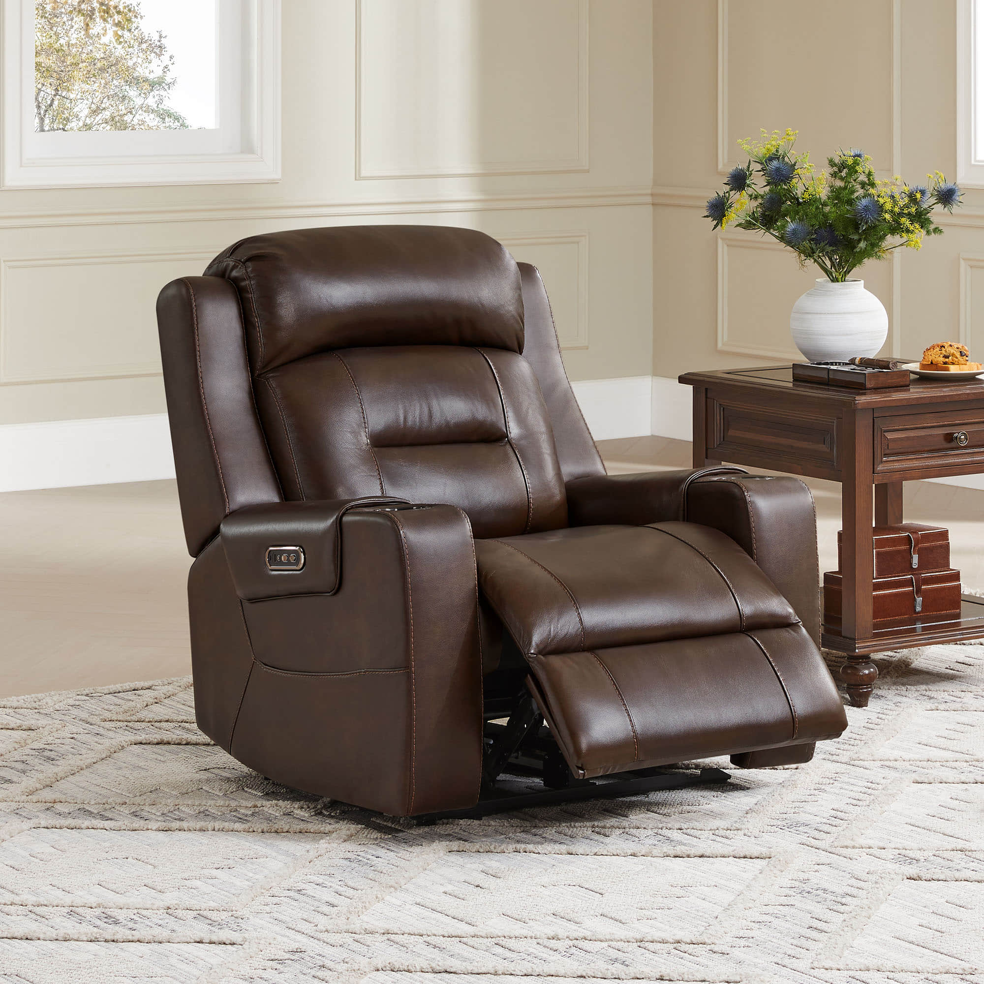 Garrison Genuine Leather Power Lay Flat Recliner with Power Headrest