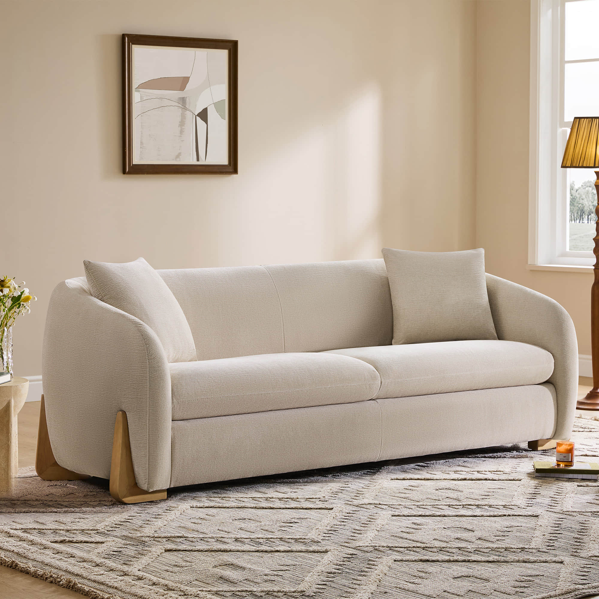 Teleri Modern Curved Chenille Sofa with Solid Birch Wood Legs