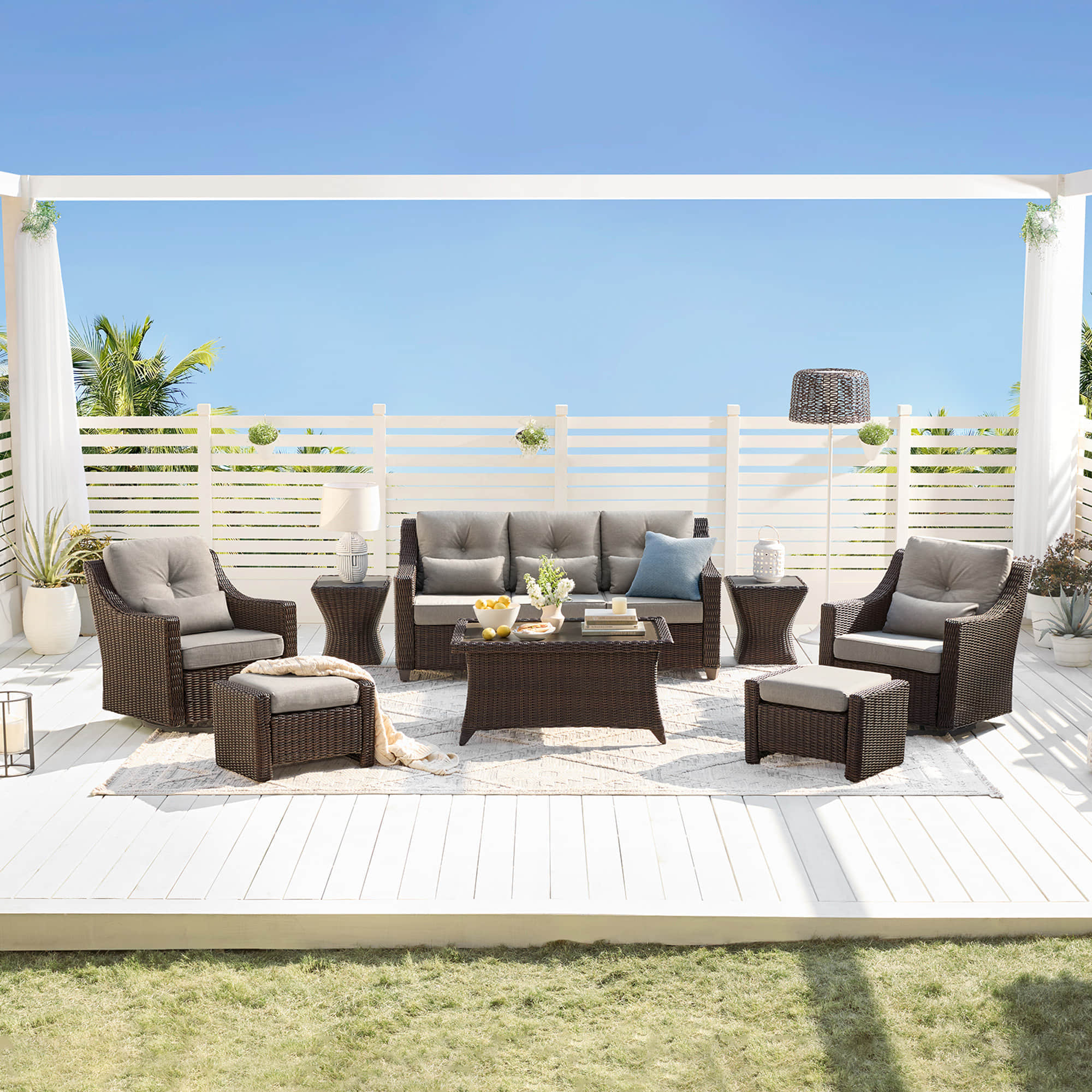 Elara Outdoor Rattan Sofa Set with Rocking Chairs and Coffee Table - 5 Seats