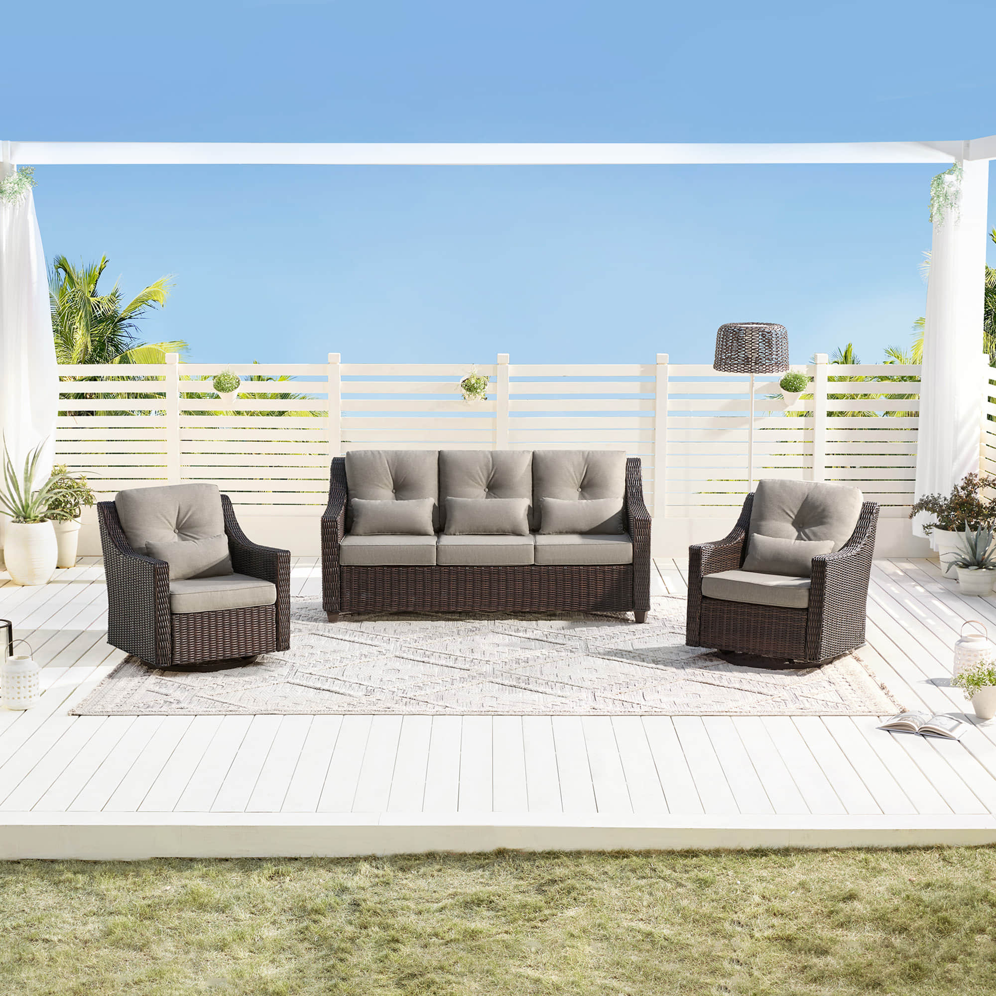 Elara Outdoor Rattan Sofa With Rocking Swivel Armchairs - 5 Seats