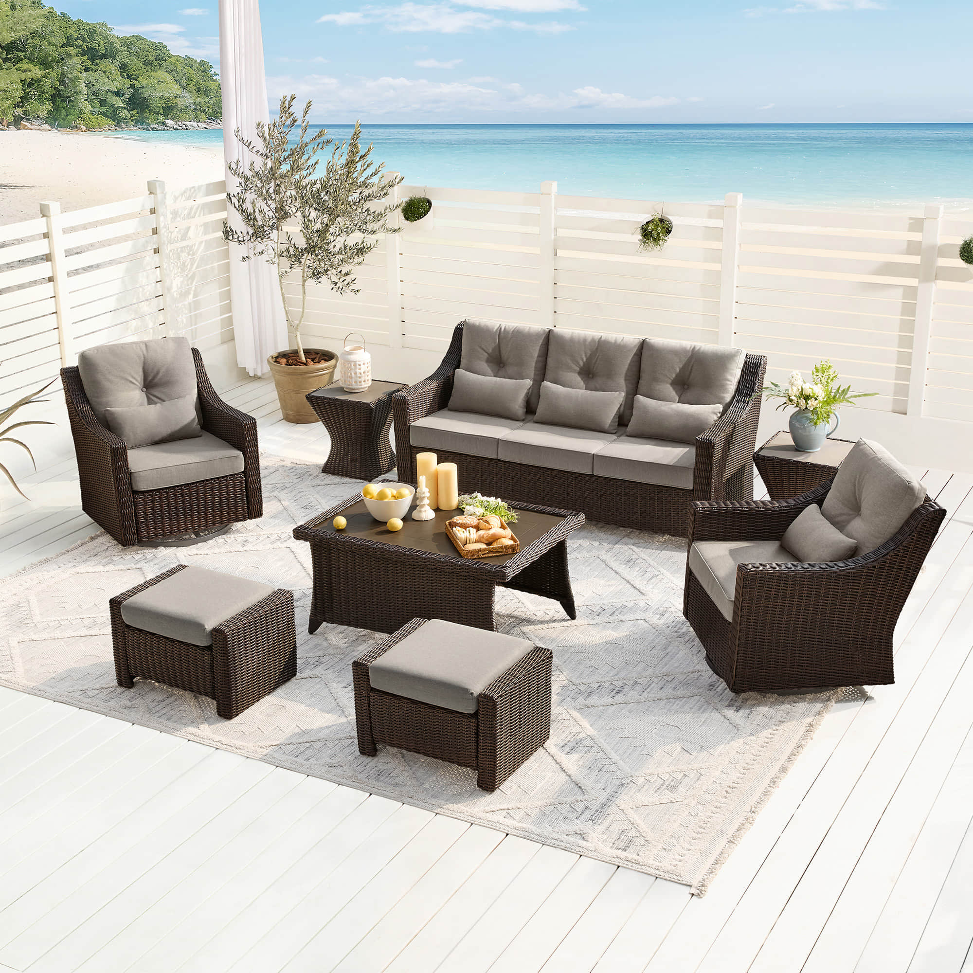 Elara Outdoor Rattan Sofa Set with Rocking Chairs and Coffee Table - 5 Seats