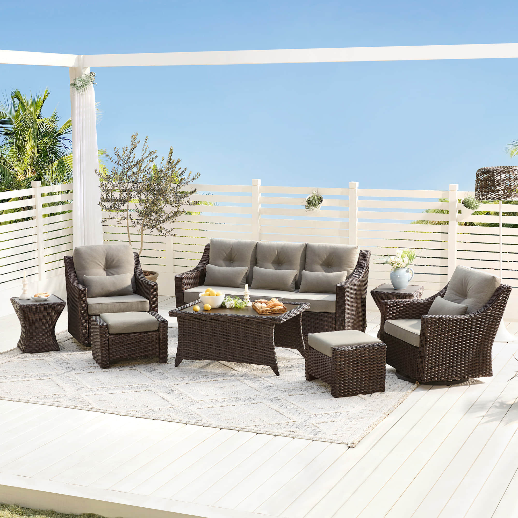 Elara Outdoor Rattan Sofa Set with Rocking Chairs and Coffee Table - 5 Seats