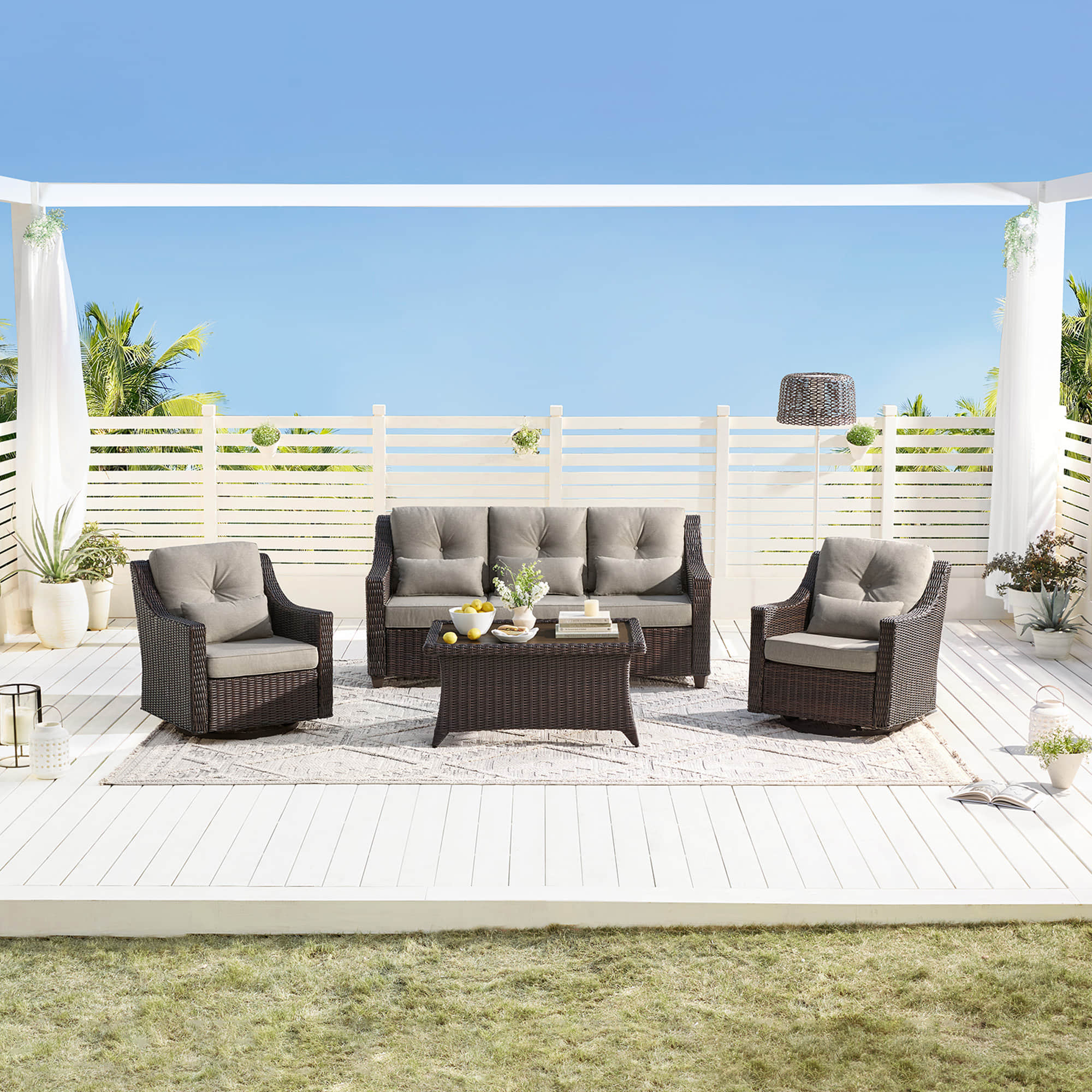 Elara Outdoor Rattan Sofa Set with Rocking Chairs and Coffee Table - 5 Seats