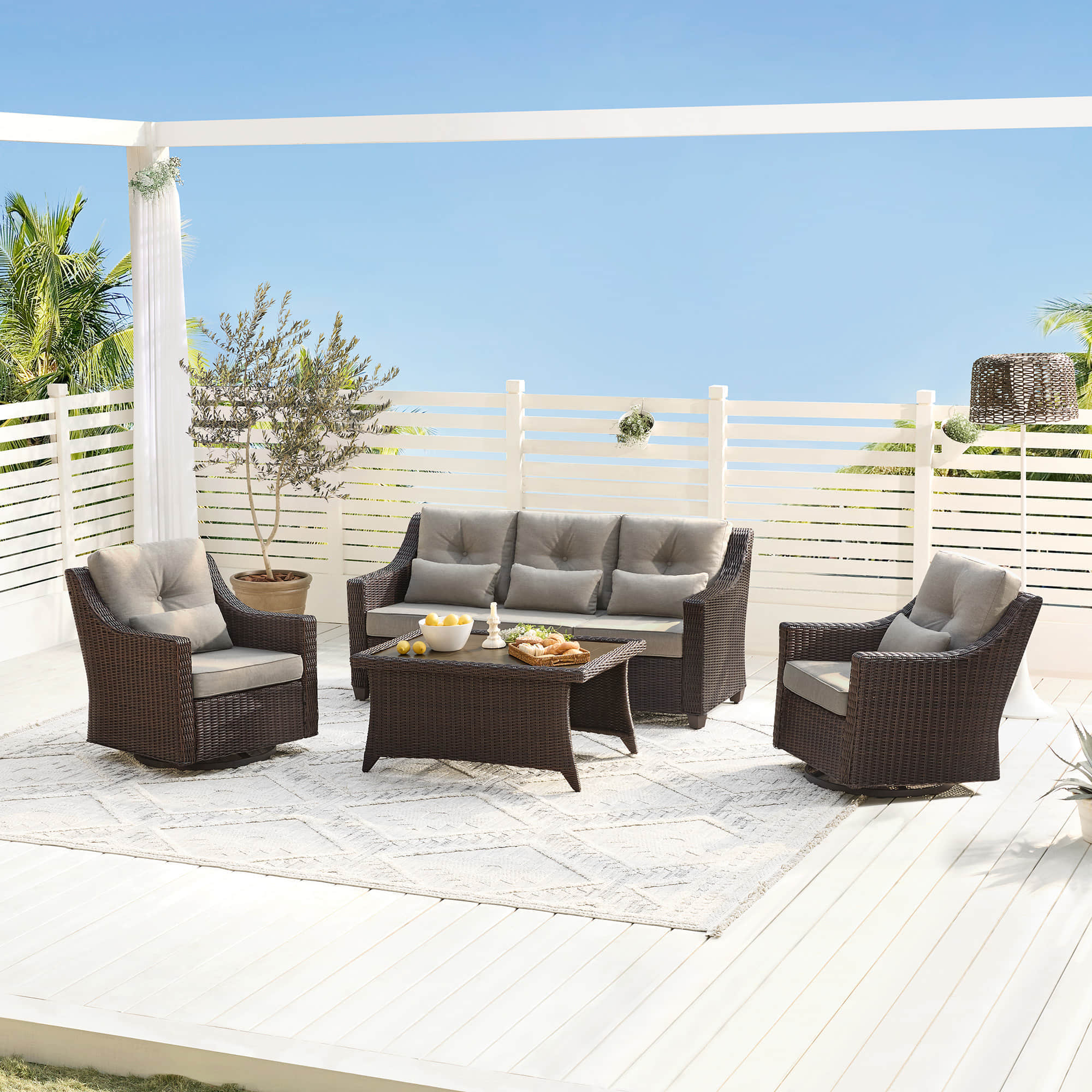 Elara Outdoor Rattan Sofa Set with Rocking Chairs and Coffee Table - 5 Seats