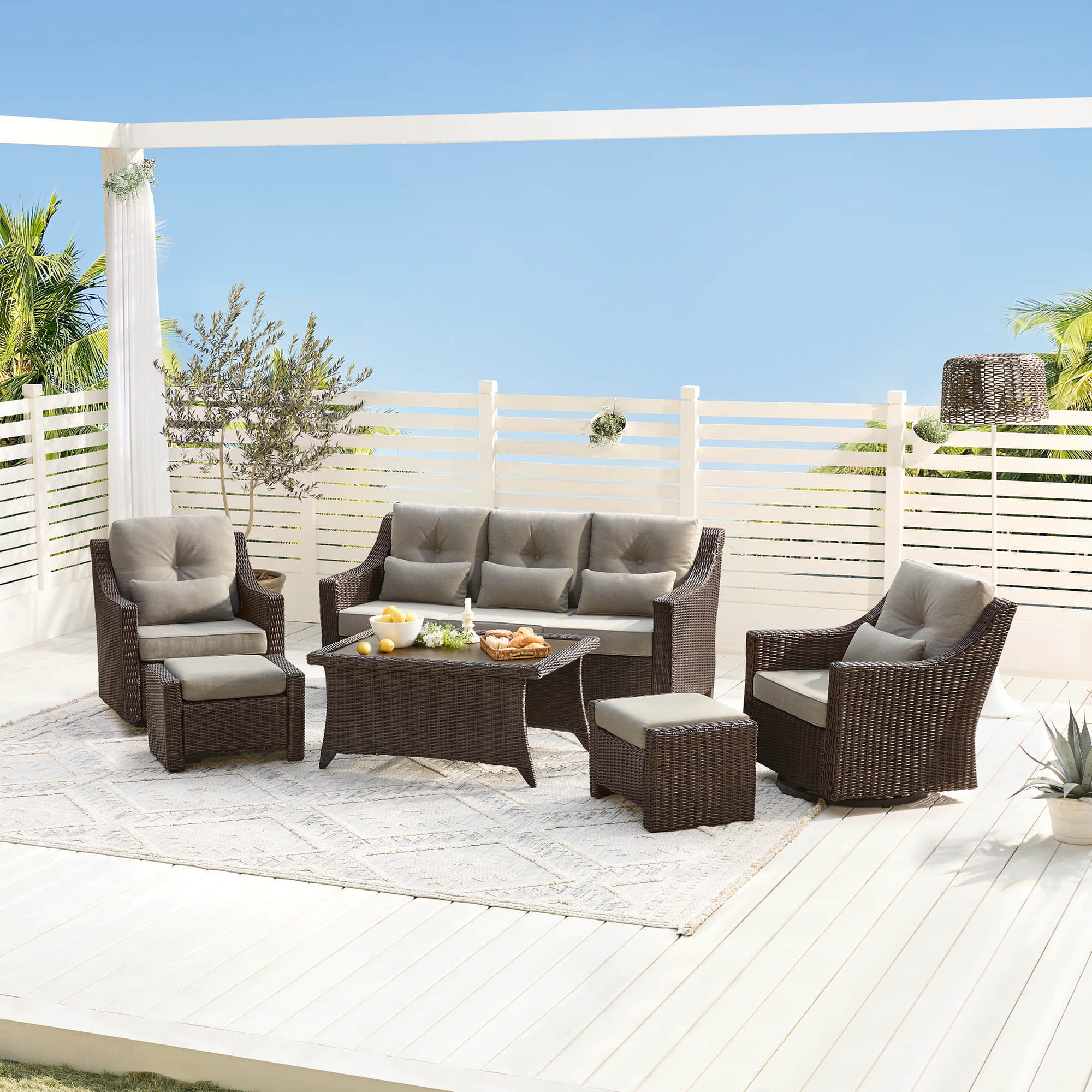 Elara Outdoor Rattan Sofa Set with Rocking Chairs and Coffee Table - 5 Seats