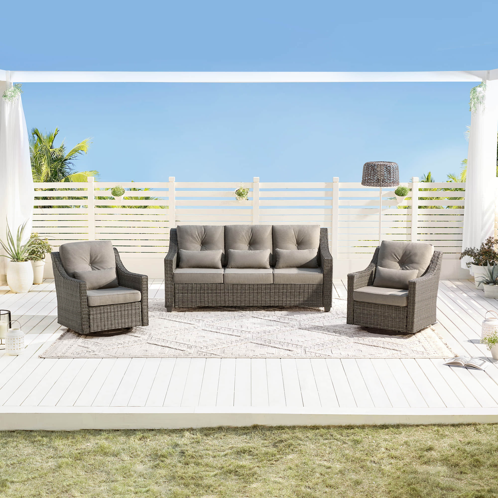 Elara Outdoor Rattan Sofa With Rocking Swivel Armchairs - 5 Seats