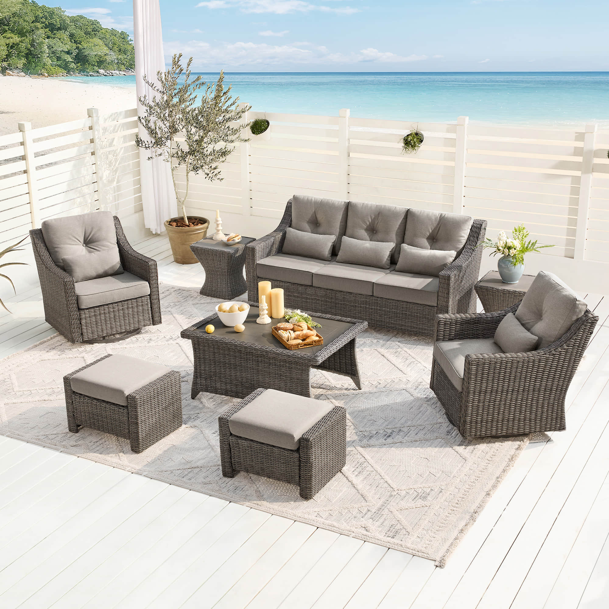 Elara Outdoor Rattan Sofa Set with Rocking Chairs and Coffee Table - 5 Seats