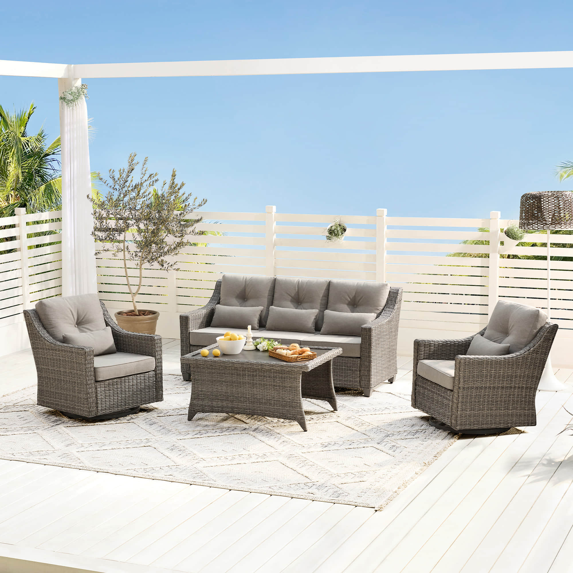 Elara Outdoor Rattan Sofa Set with Rocking Chairs and Coffee Table - 5 Seats