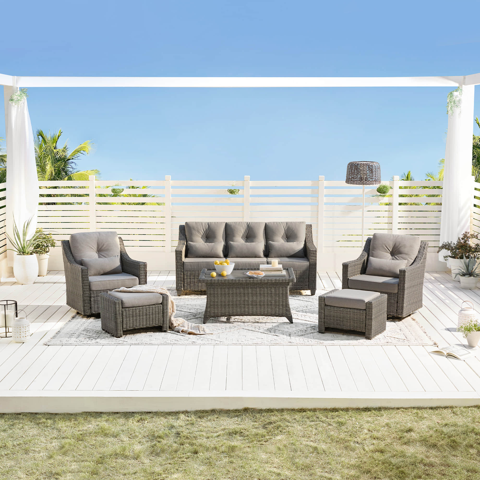 Elara Outdoor Rattan Sofa Set with Rocking Chairs and Coffee Table - 5 Seats