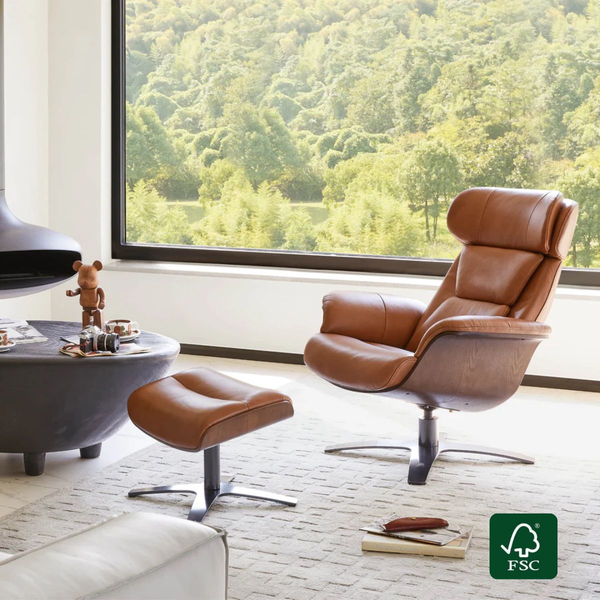 Fauteuil inclinable et repose-pieds en cuir véritable Elvin