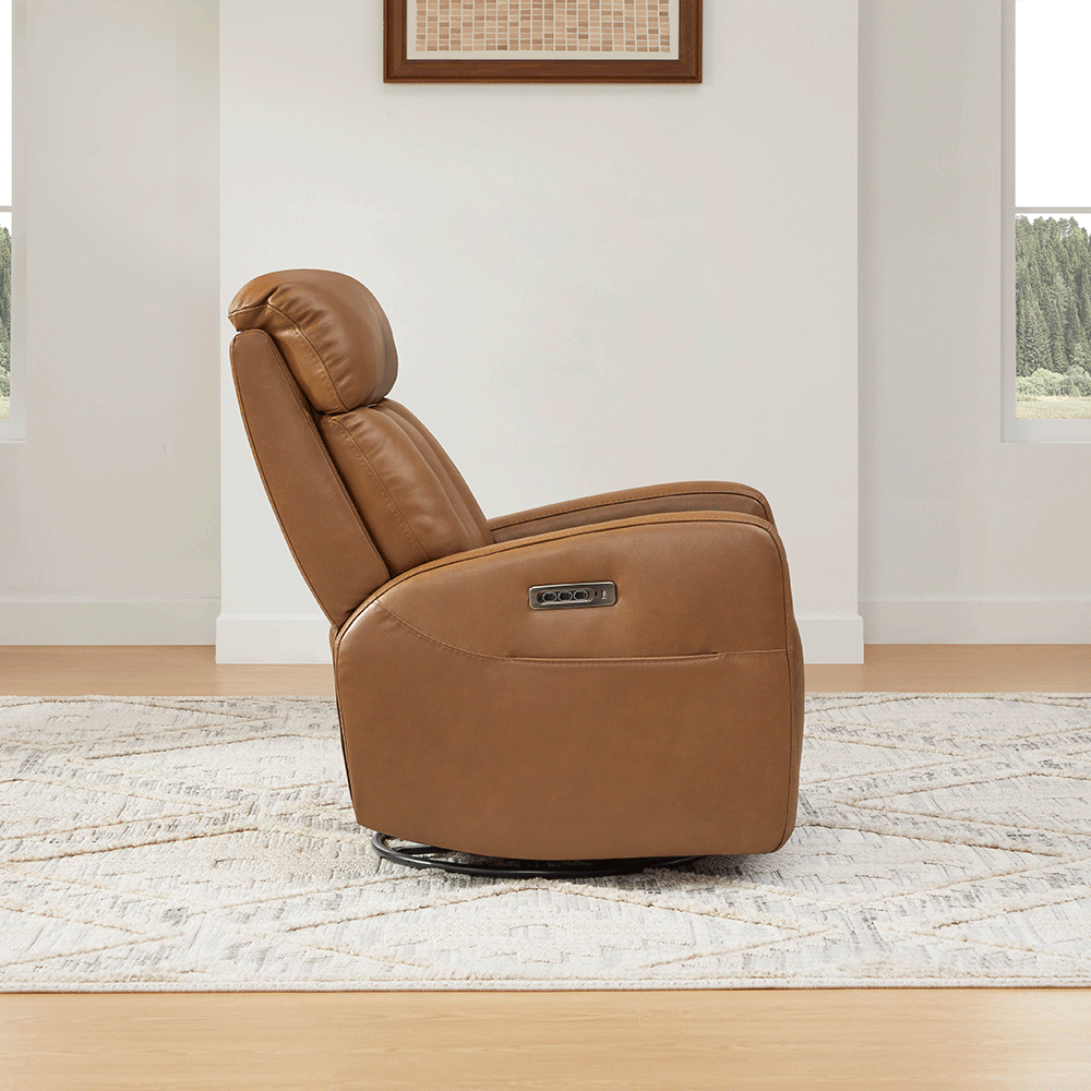 Maxwell Genuine Leather Swivel Glider Recliner with Power Lumbar&Headrest