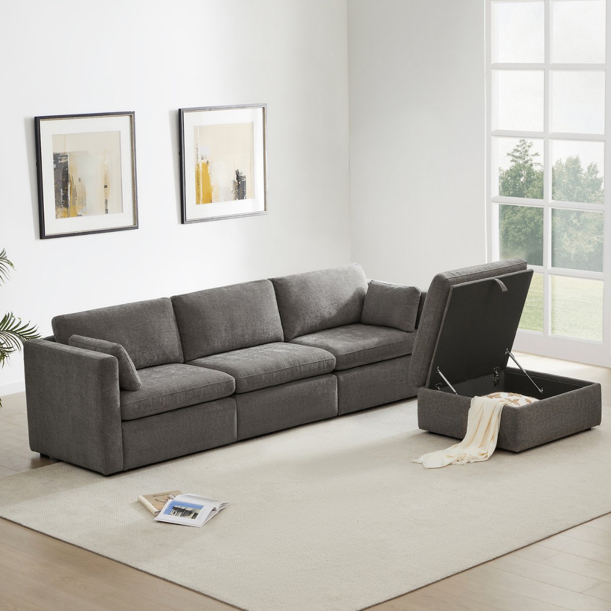 Delaney 4-Seat Modular Sofa Chaise with Storage Ottoman