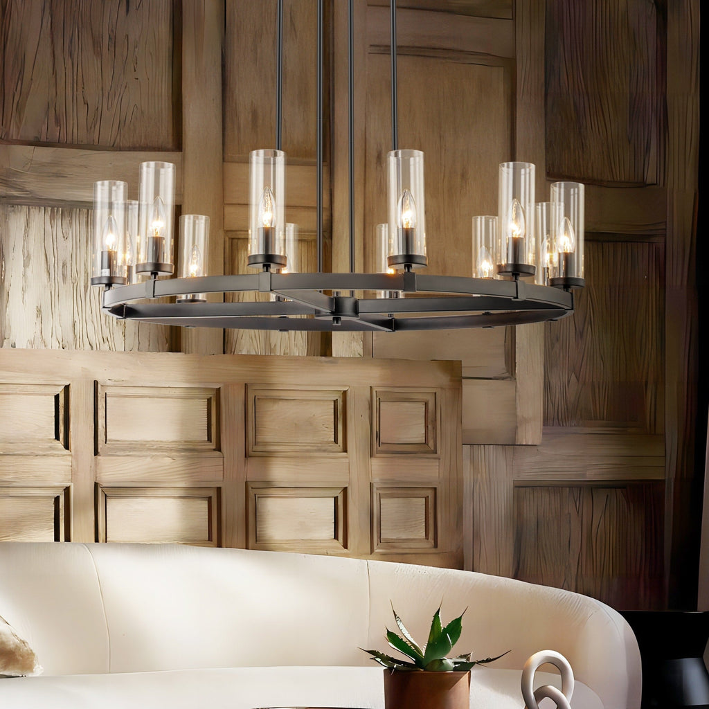 12-Light Mid-Century Modern Cylinder Clear Glass Wagon Wheel Chandelier Gold/Black Large Chandelier