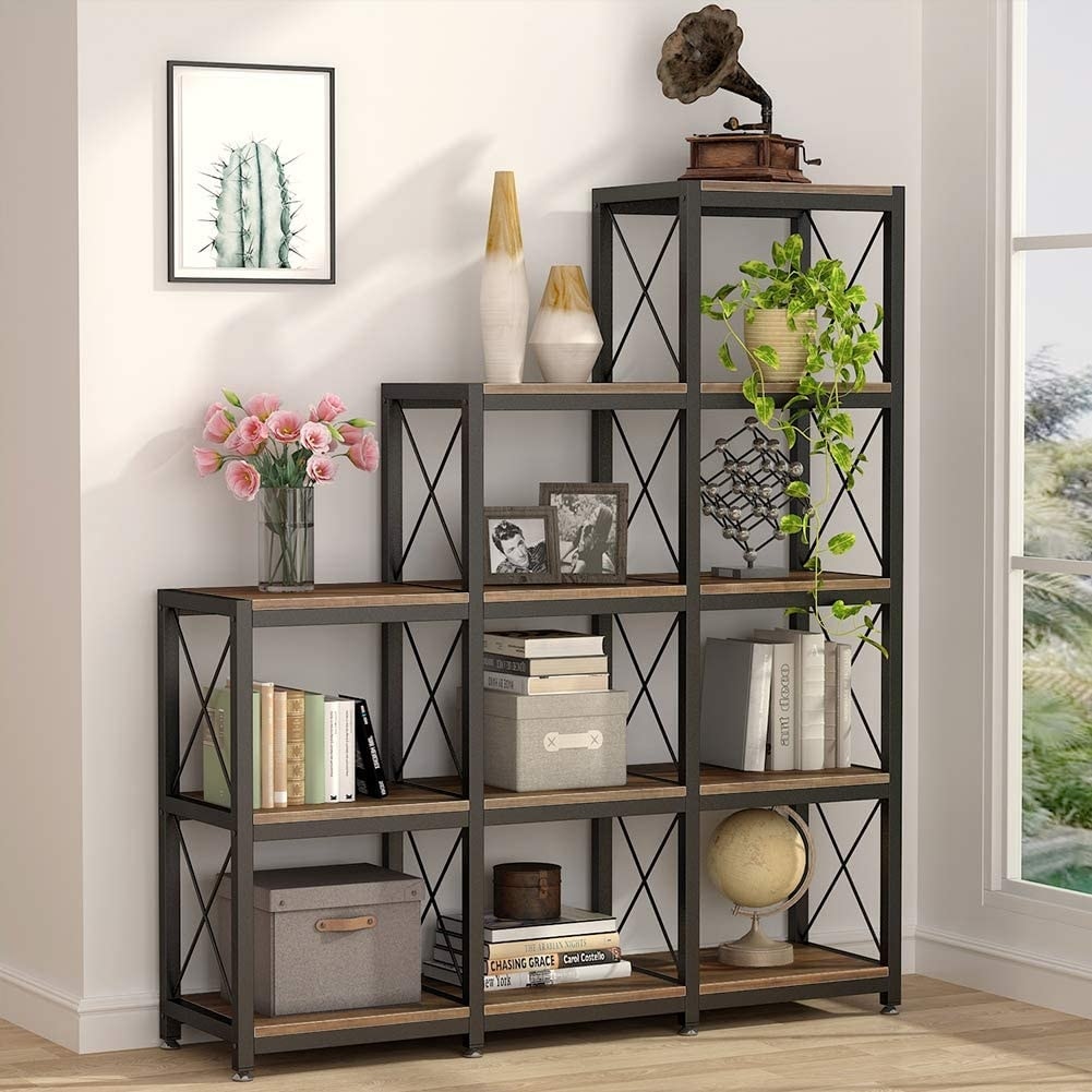 12 Shelves Ladder Bookshelf, Industrial Corner Bookshelf
