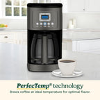 Cafetière programmable 14 tasses, carafe en verre, contrôle de la force du café, réglage 1-4 tasses, acier inoxydable noir.