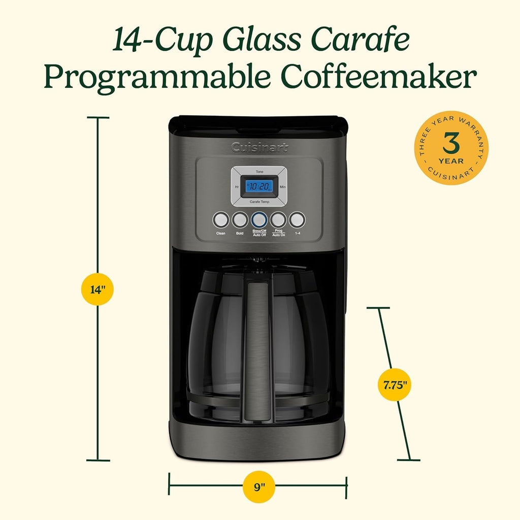 Cafetière programmable 14 tasses, carafe en verre, contrôle de la force du café, réglage 1-4 tasses, acier inoxydable noir.