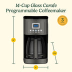 Cafetière programmable 14 tasses, carafe en verre, contrôle de la force du café, réglage 1-4 tasses, acier inoxydable noir.