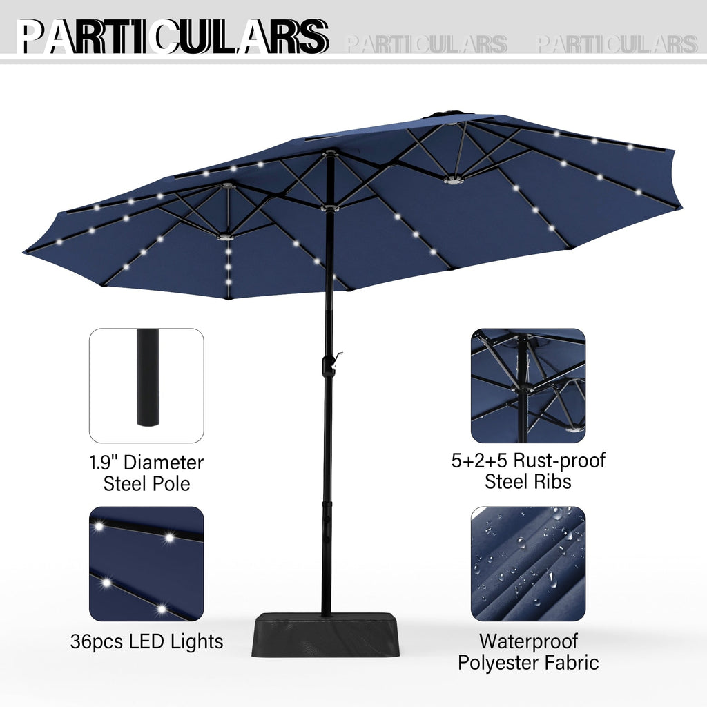 15-foot Rectangular Crank Double-sided Outdoor Market Umbrella Solar LED Lighted Patio Umbrella with Base Included