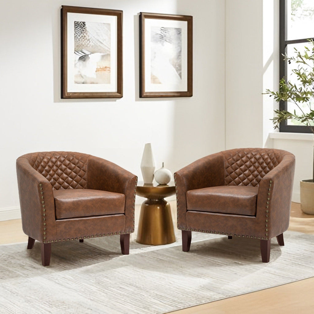 2 Set 29 W Vegan Leather Barrel Accent Chairs with Nailheads Trim