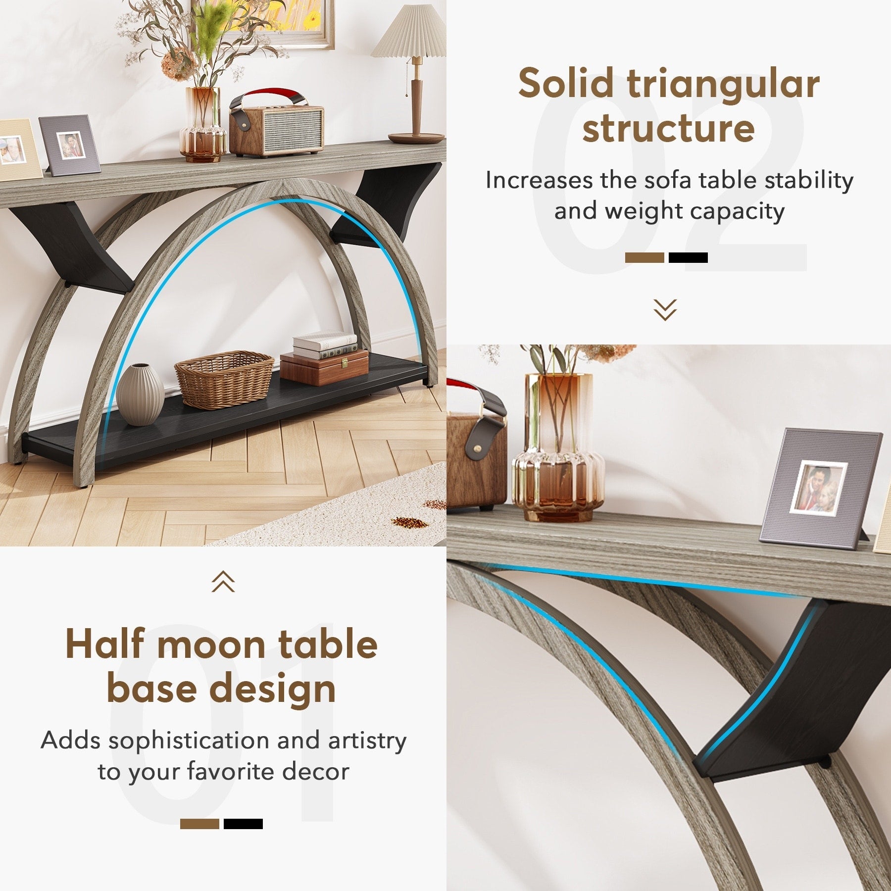 Table de console de canapé étroite et longue à 2 niveaux avec cadre semi-circulaire pour entrée, tables d'appoint de couloir grises