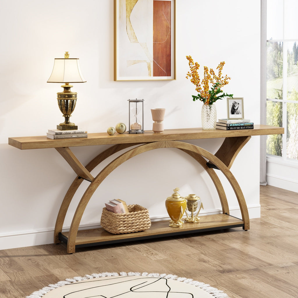 Table de console de canapé étroite et longue à 2 niveaux avec cadre semi-circulaire pour entrée, tables d'appoint de couloir grises