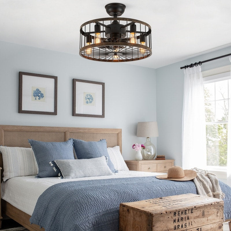 20 in. Low Profile Ceiling Fan Light Modern Farmhouse Wood Finish Caged Ceiling Fan with Light and Remote